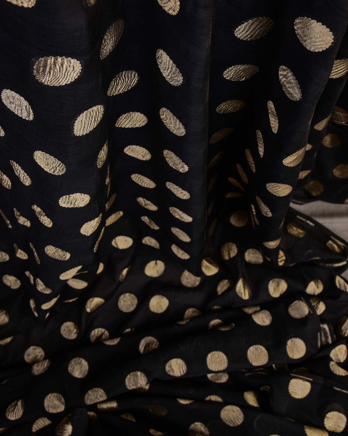 Black Crushed Gold Zari Asharfi Buti Cutwork Brocade Woven Cotton Silk Banarasi Fabric-HolyWeaves