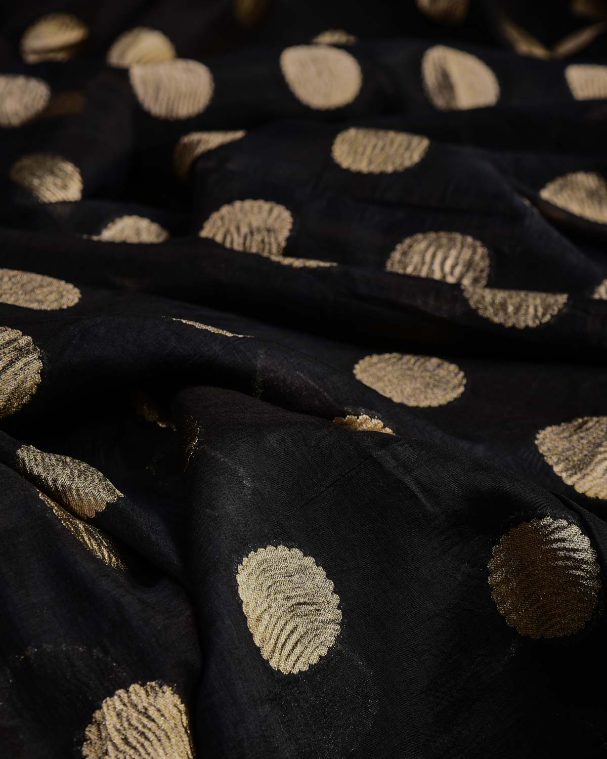 Black Crushed Gold Zari Asharfi Buti Cutwork Brocade Woven Cotton Silk Banarasi Fabric-HolyWeaves