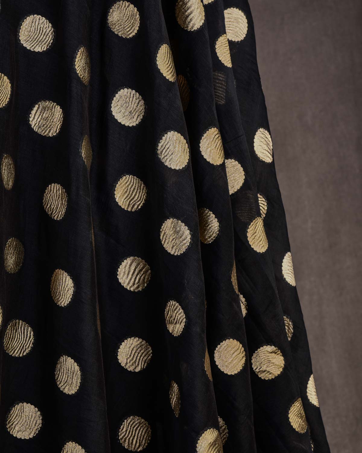 Black Crushed Gold Zari Asharfi Buti Cutwork Brocade Woven Cotton Silk Banarasi Fabric-HolyWeaves