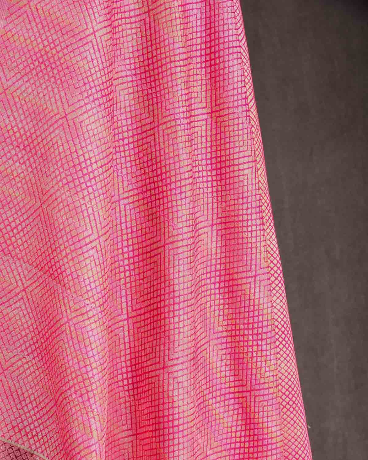 Metallic Variegated Pink Expanding Grids Brocade Handwoven Katan Silk Banarasi Fabric