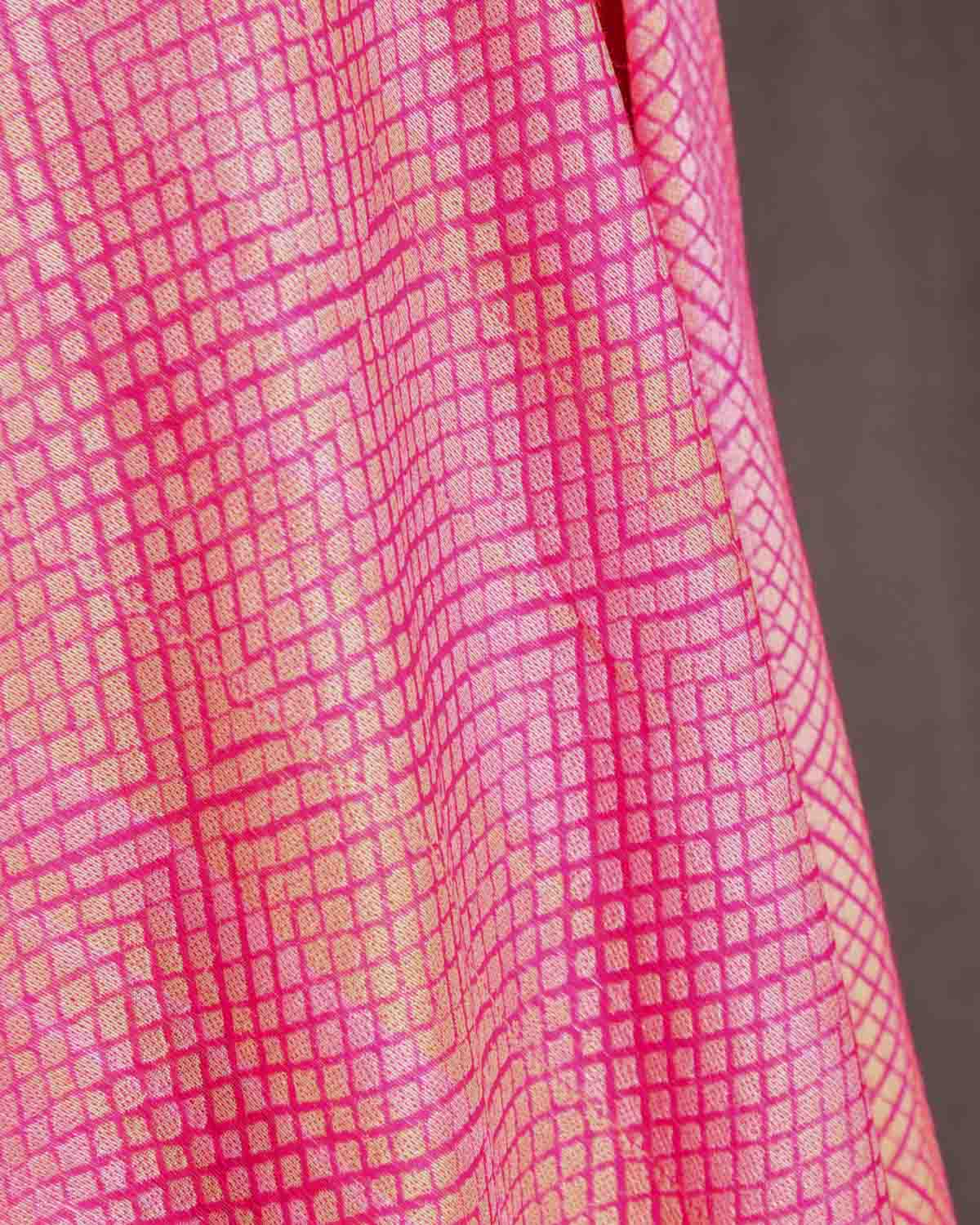 Metallic Variegated Pink Expanding Grids Brocade Handwoven Katan Silk Banarasi Fabric