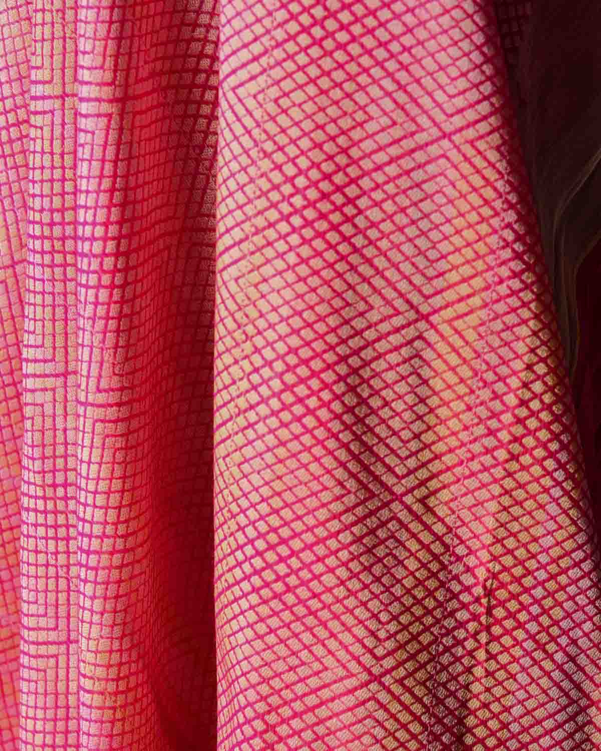 Metallic Variegated Pink Expanding Grids Brocade Handwoven Katan Silk Banarasi Fabric