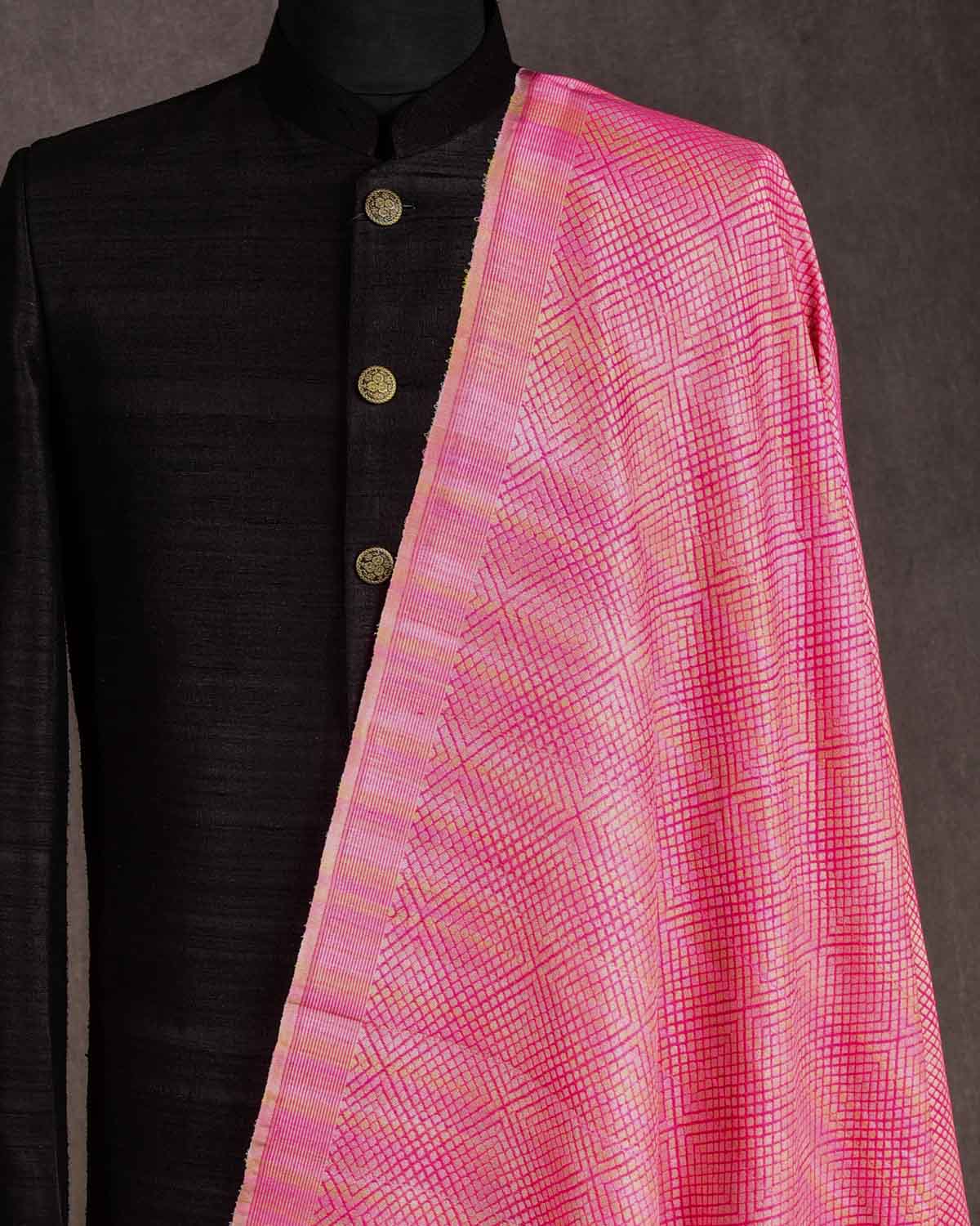 Metallic Variegated Pink Expanding Grids Brocade Handwoven Katan Silk Banarasi Fabric