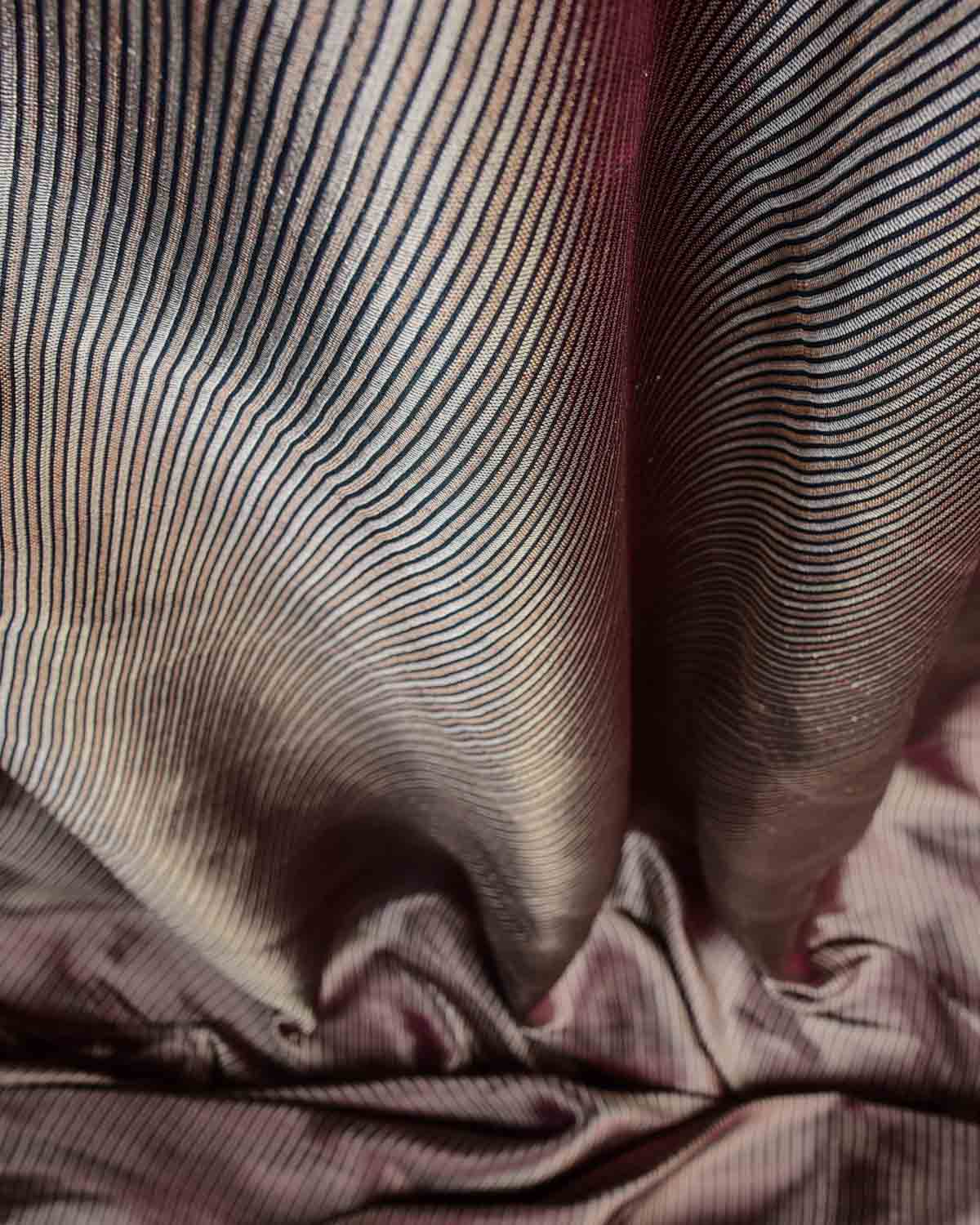 Magenta Gold & Silver Zari Stripes Brocade Handwoven Katan Silk Banarasi Fabric