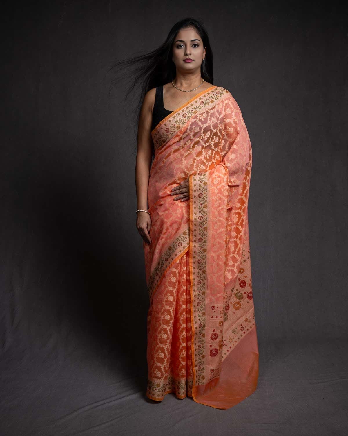Peach Banarasi Resham Jaal Cutwork Brocade Woven Cotton Silk Saree with Meenekari Border Pallu-HolyWeaves