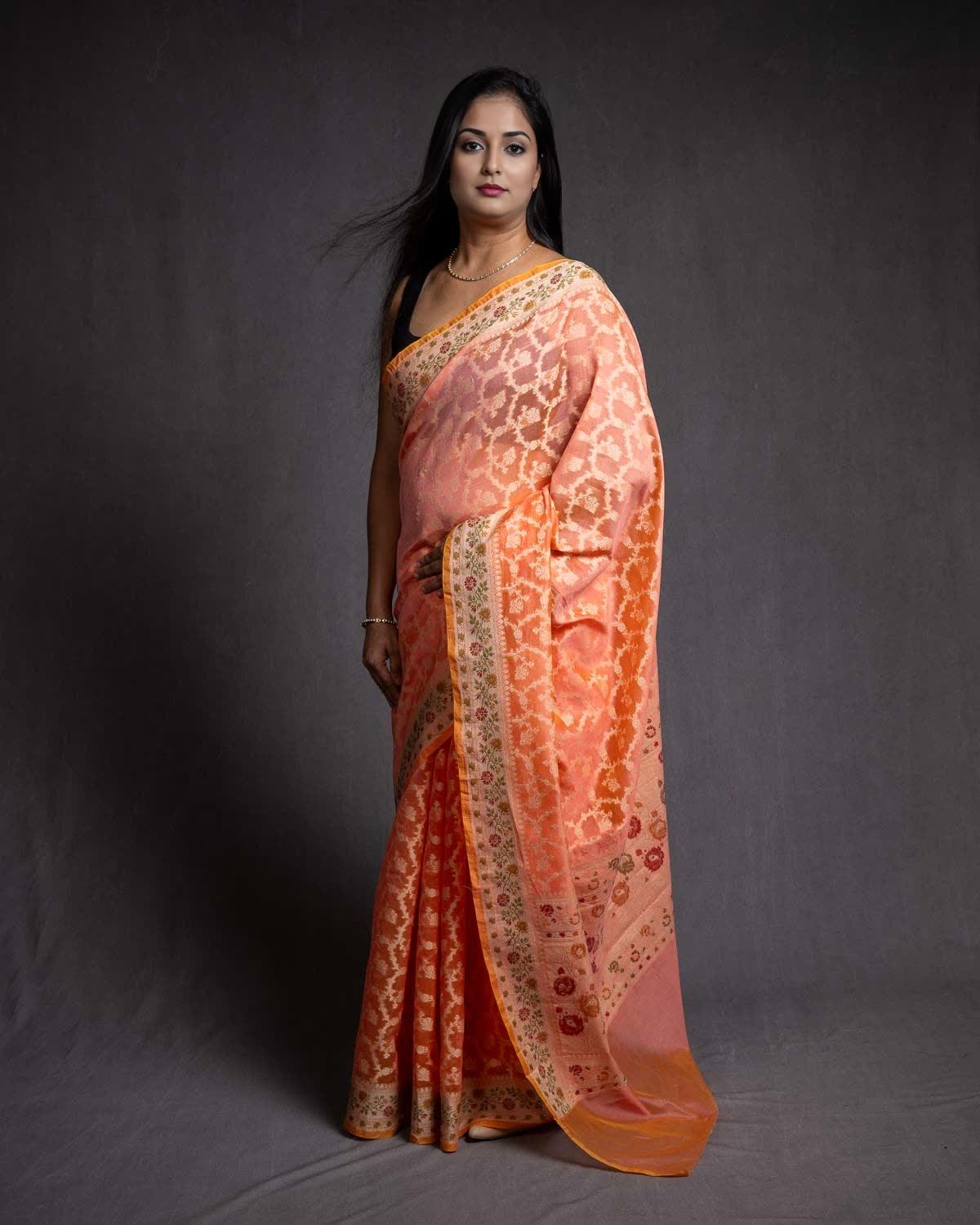 Peach Banarasi Resham Jaal Cutwork Brocade Woven Cotton Silk Saree with Meenekari Border Pallu-HolyWeaves
