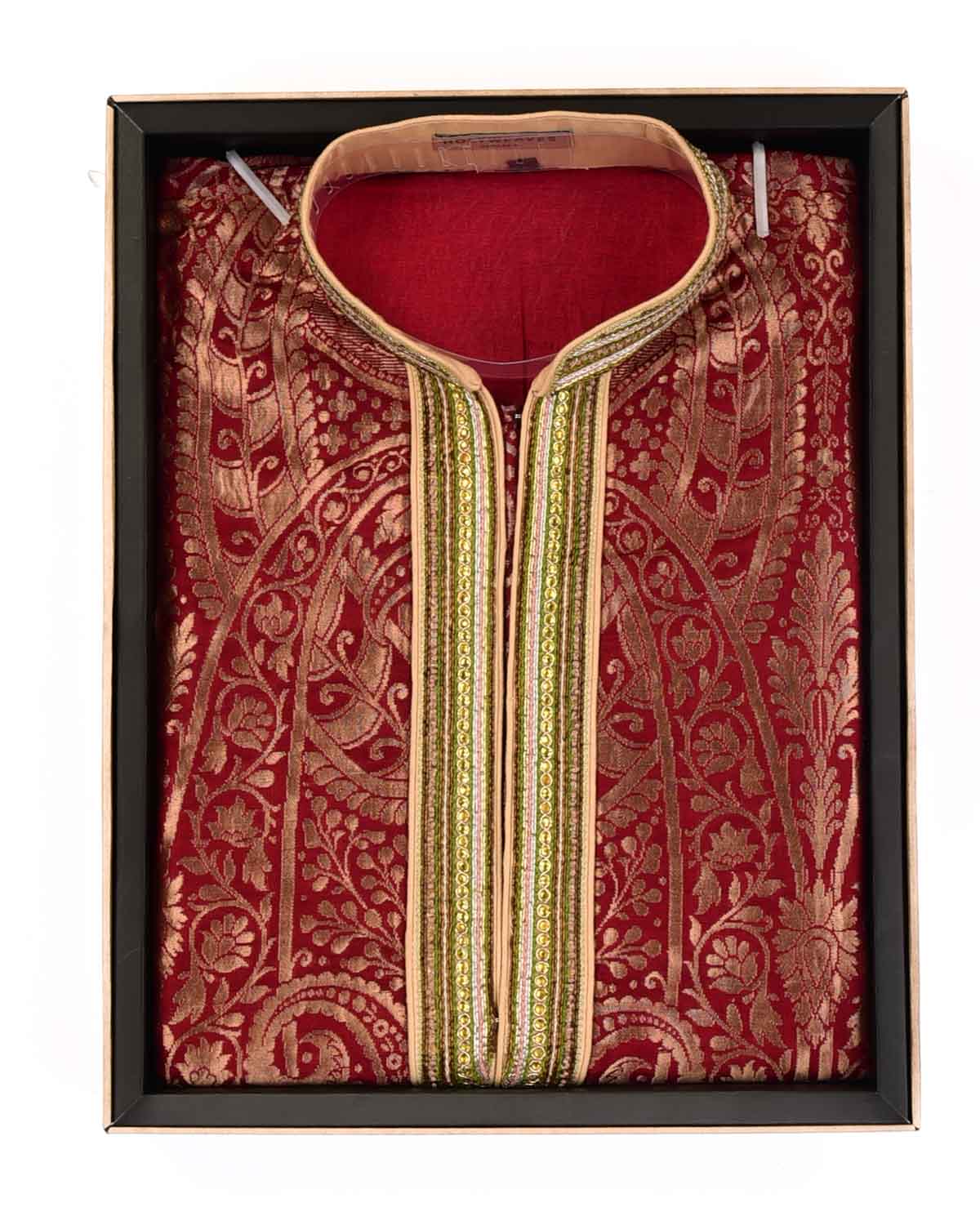Red Banarasi Brocade Katan Silk Mens Kurta Pyjama-HolyWeaves