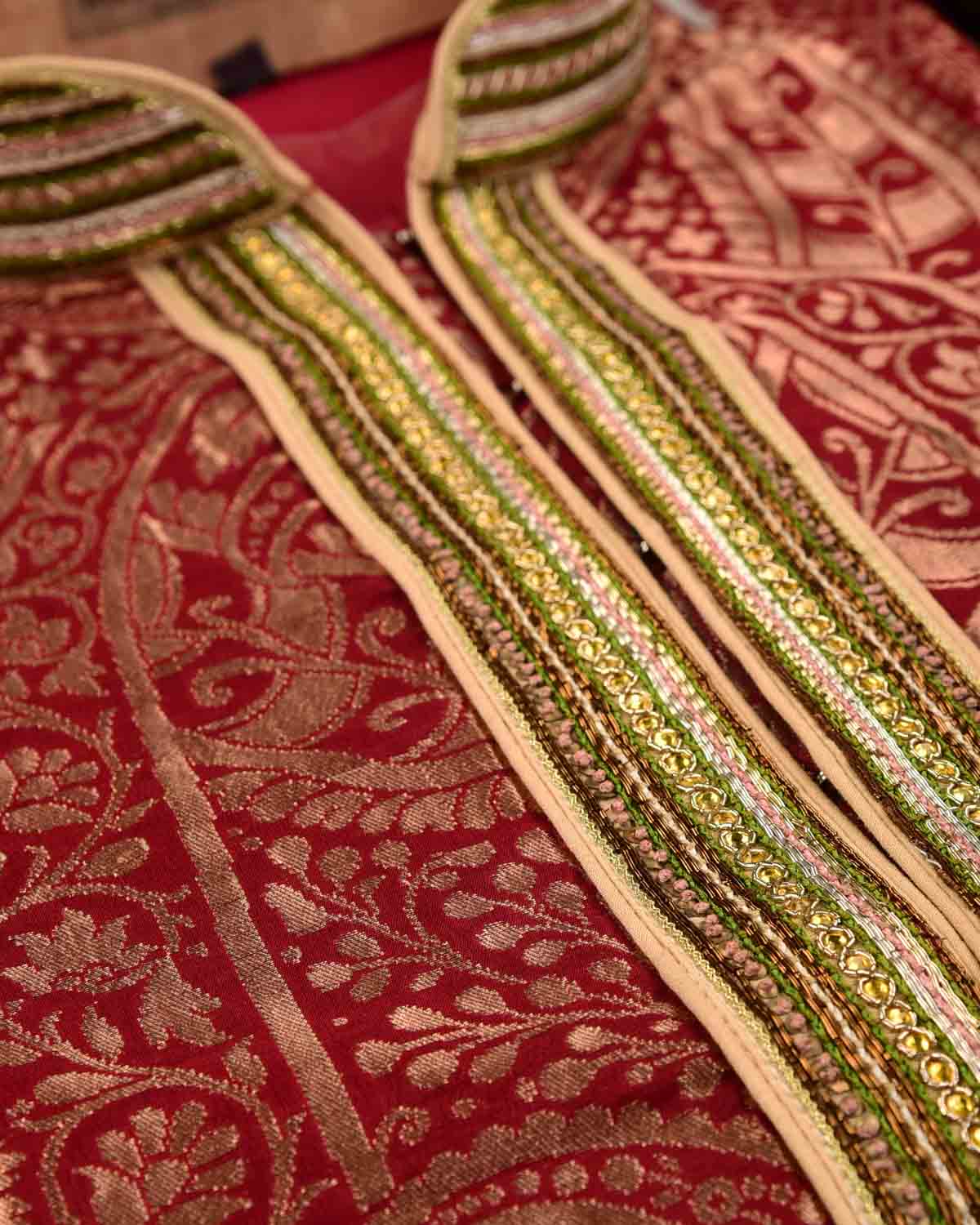 Red Banarasi Brocade Katan Silk Mens Kurta Pyjama-HolyWeaves