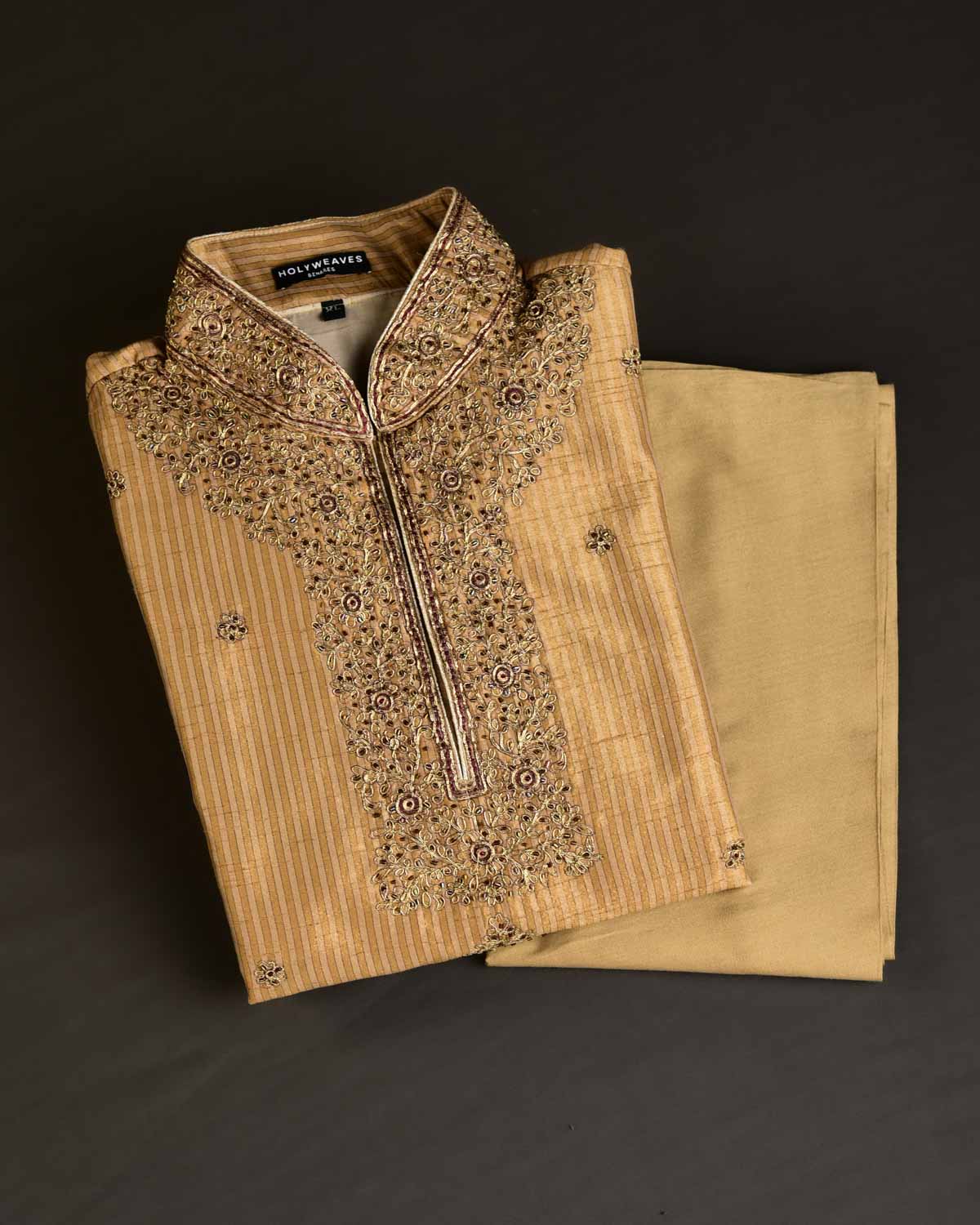 Beige Hand-embroidered Art Silk Mens Kurta Pyjama-HolyWeaves