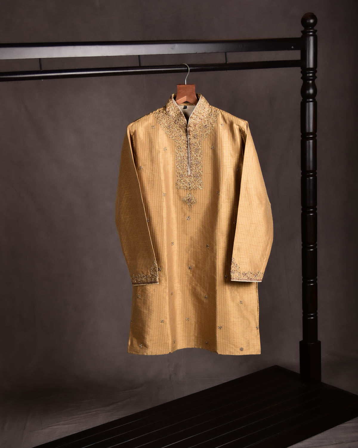 Beige Hand-embroidered Art Silk Mens Kurta Pyjama-HolyWeaves