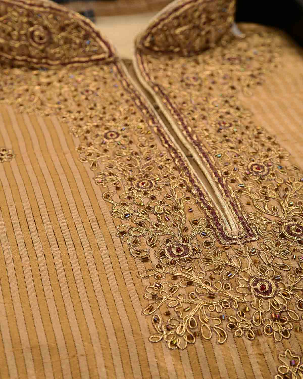 Beige Hand-embroidered Art Silk Mens Kurta Pyjama-HolyWeaves