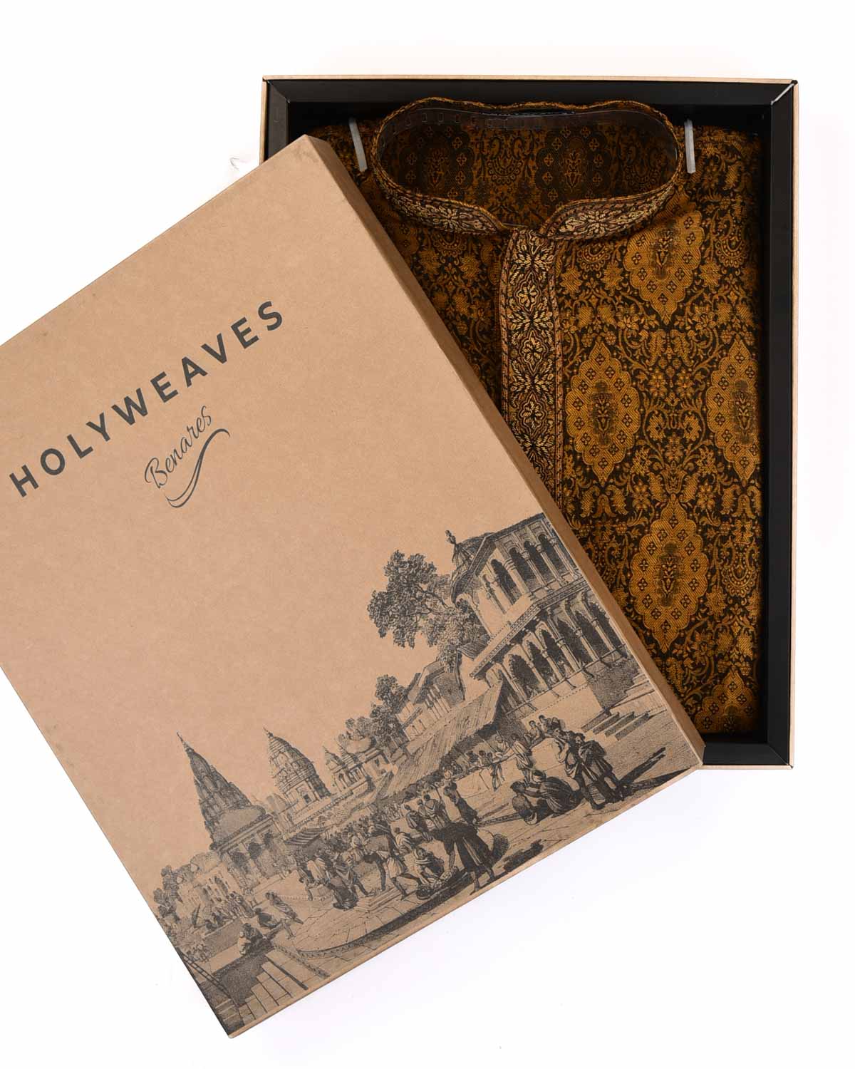 Mustard Banarasi Hand-embroidered Linen Silk Mens Kurta Pyjama-HolyWeaves
