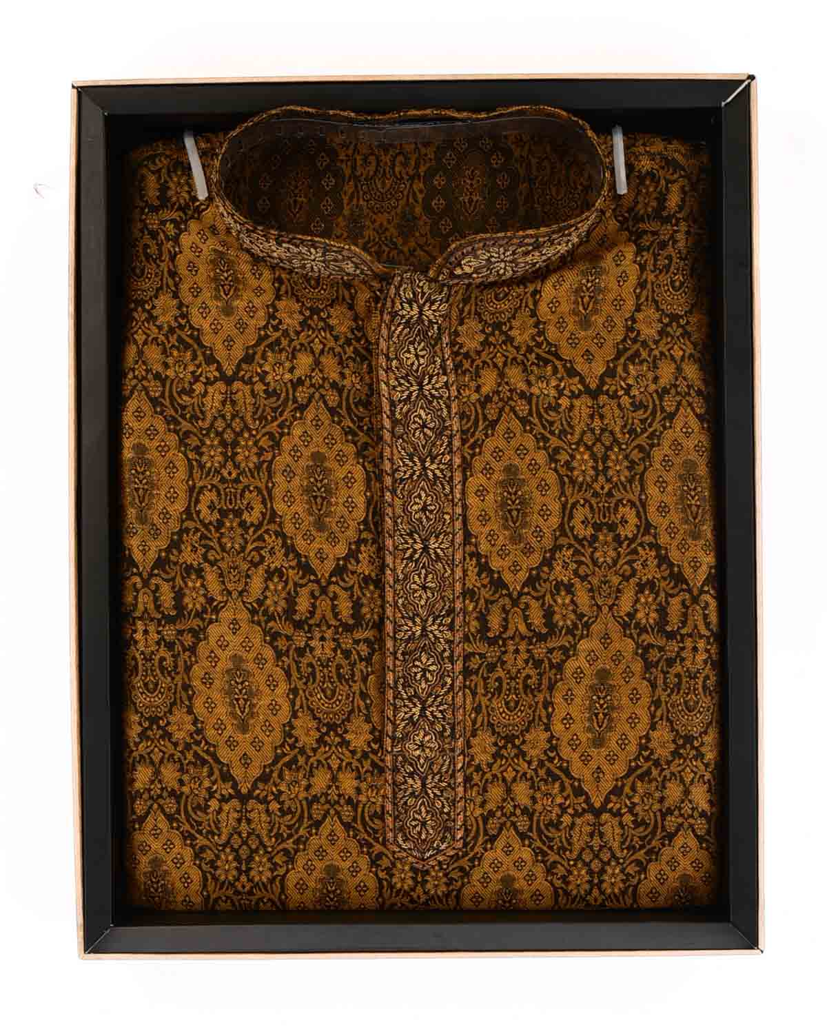 Mustard Banarasi Hand-embroidered Linen Silk Mens Kurta Pyjama-HolyWeaves
