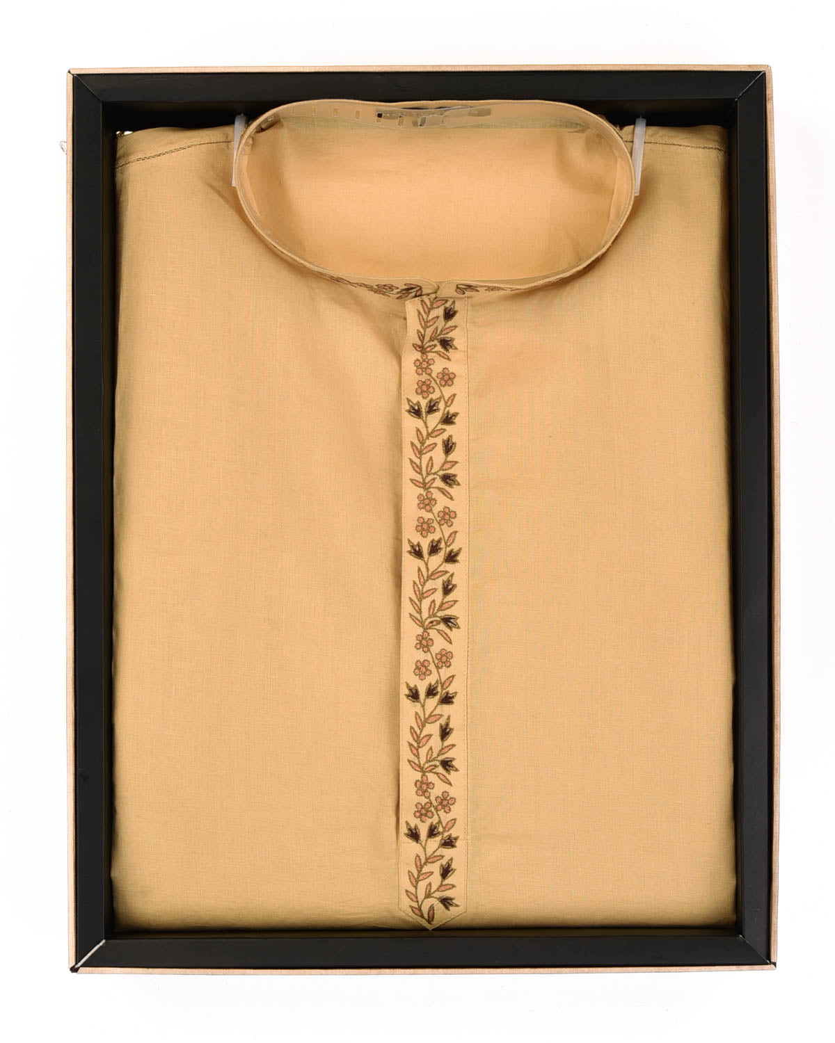 Beige Addhi Cotton Mens Kurta Pyjama with Hand-Embroidered Collar-HolyWeaves