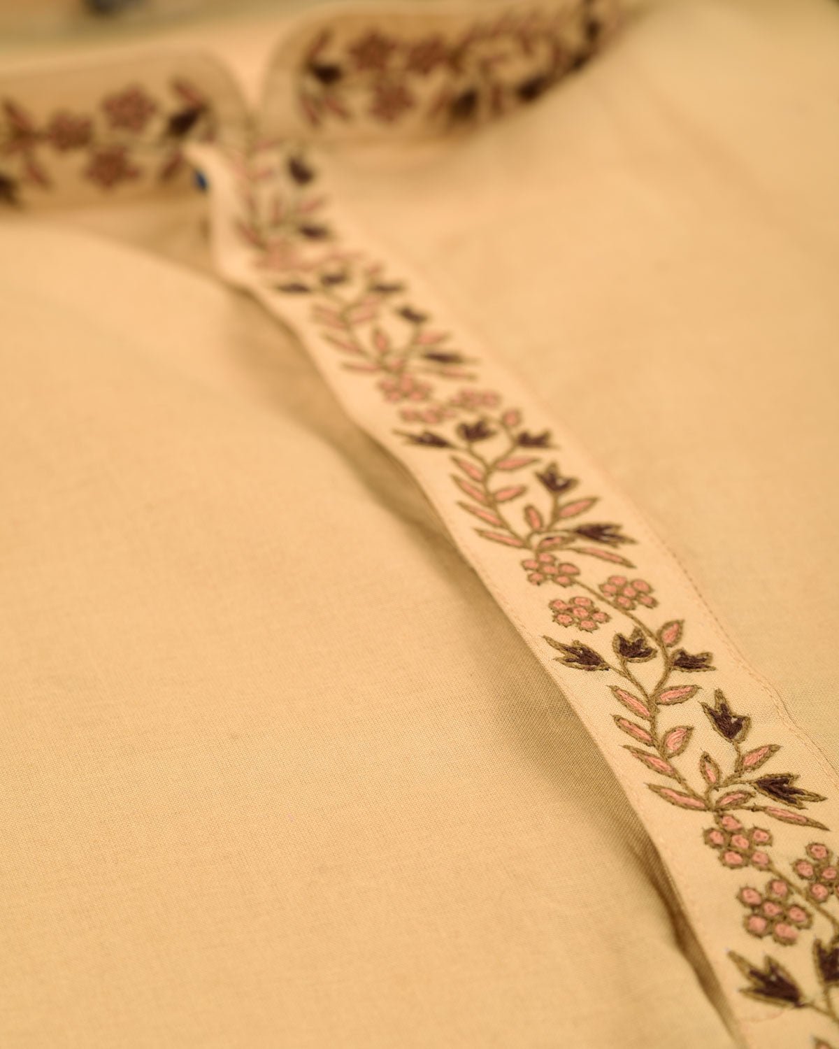 Beige Addhi Cotton Mens Kurta Pyjama with Hand-Embroidered Collar-HolyWeaves