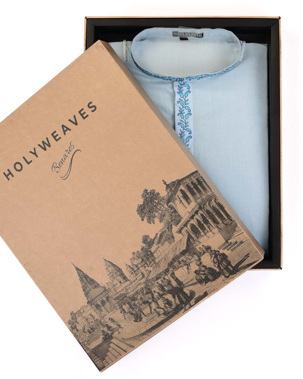 Sky Blue Addhi Cotton Mens Kurta Pyjama with Hand-Embroidered Collar-HolyWeaves