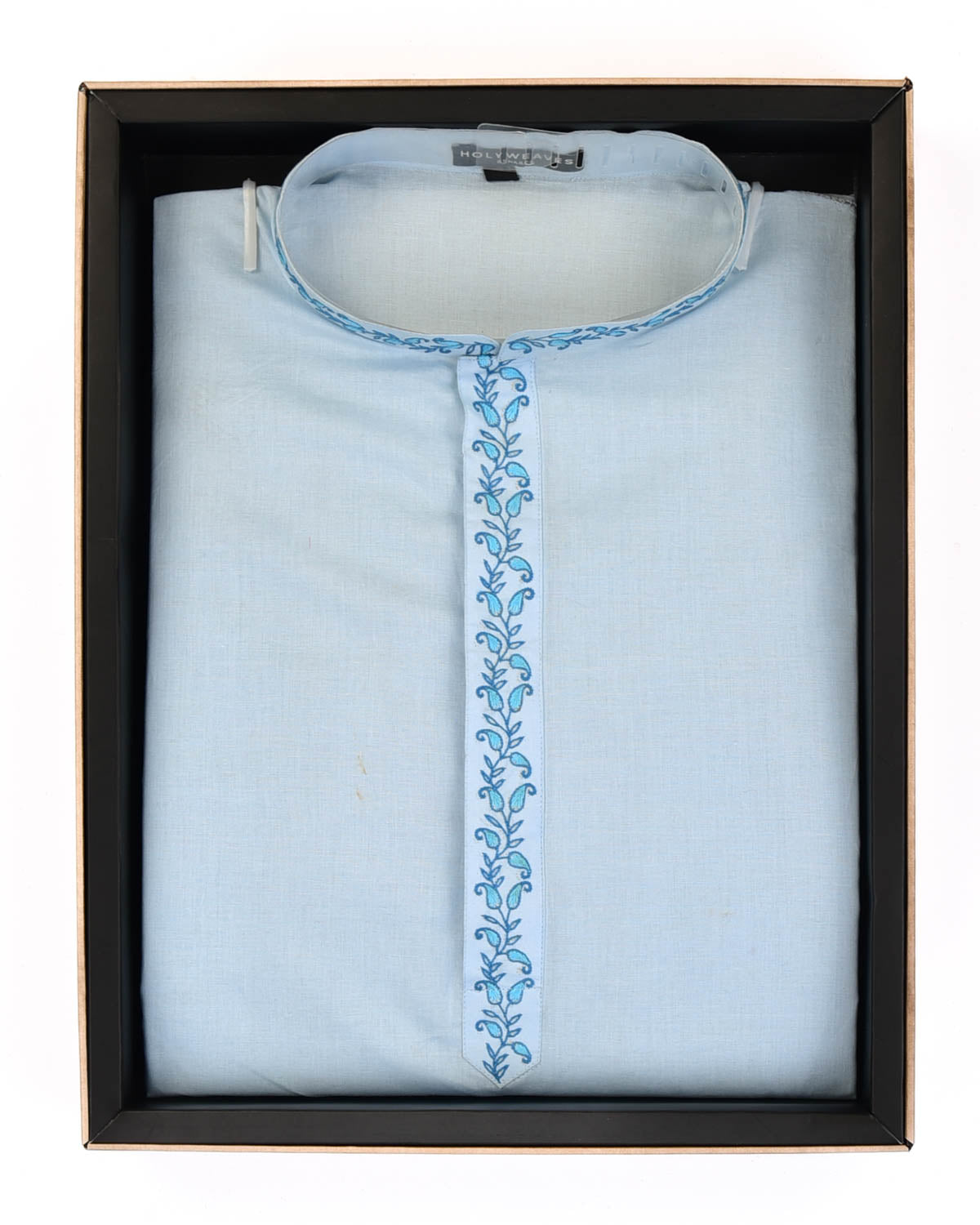 Sky Blue Addhi Cotton Mens Kurta Pyjama with Hand-Embroidered Collar-HolyWeaves