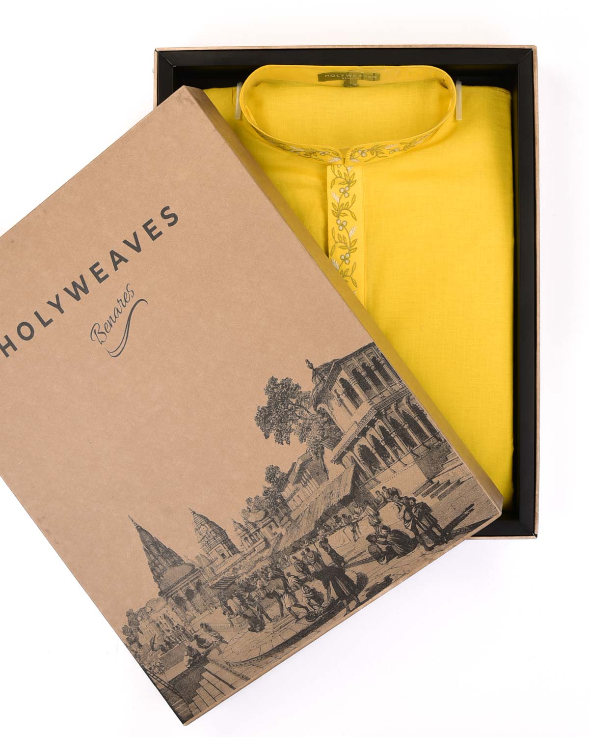 Yellow Addhi Cotton Mens Kurta Pyjama with Hand-Embroidered Collar-HolyWeaves