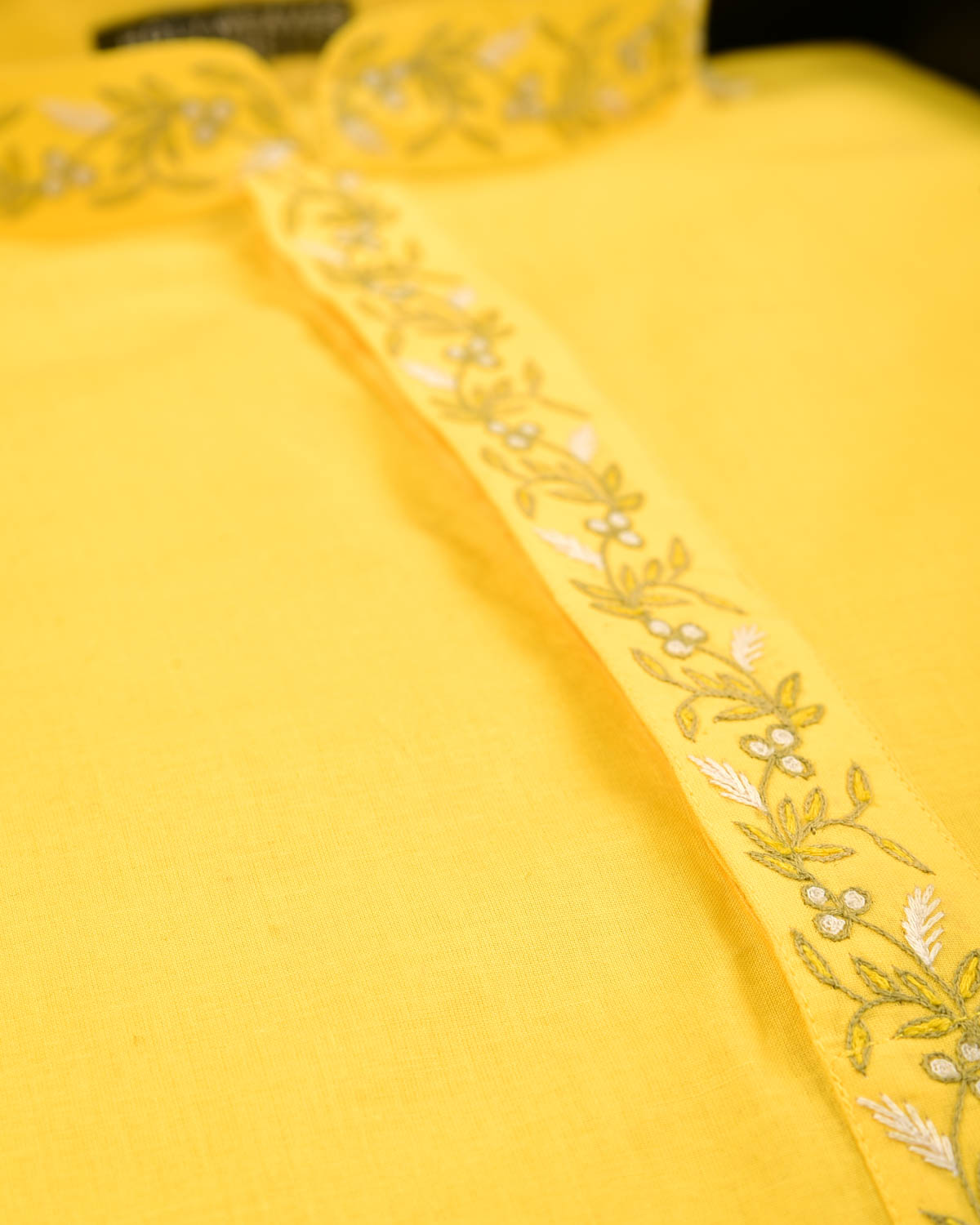 Yellow Addhi Cotton Mens Kurta Pyjama with Hand-Embroidered Collar-HolyWeaves