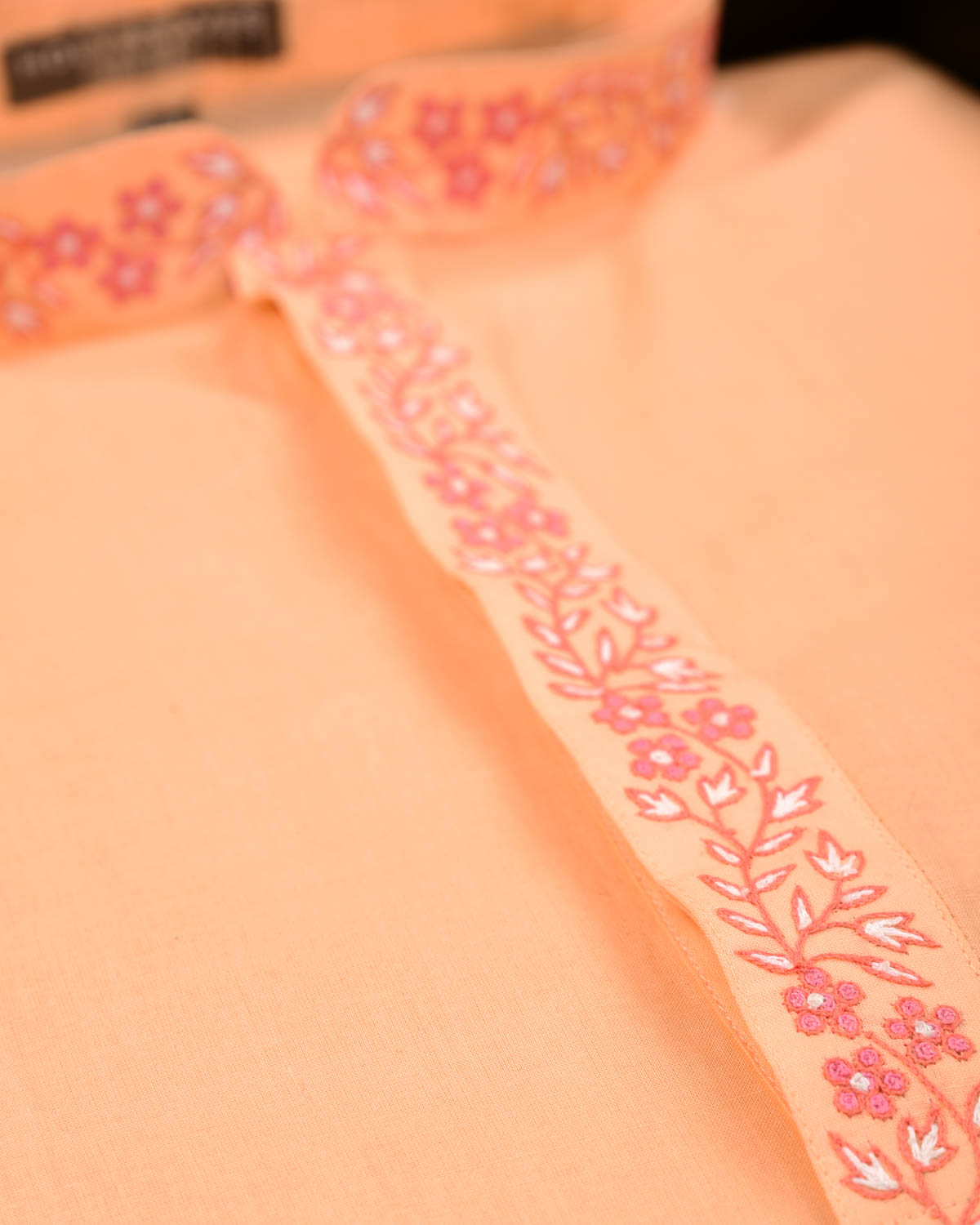 Peach Addhi Cotton Mens Kurta Pyjama with Hand-Embroidered Collar-HolyWeaves