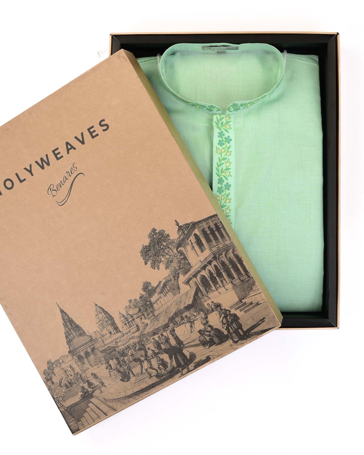 Aqua Marine Addhi Cotton Mens Kurta Pyjama with Hand-Embroidered Collar-HolyWeaves