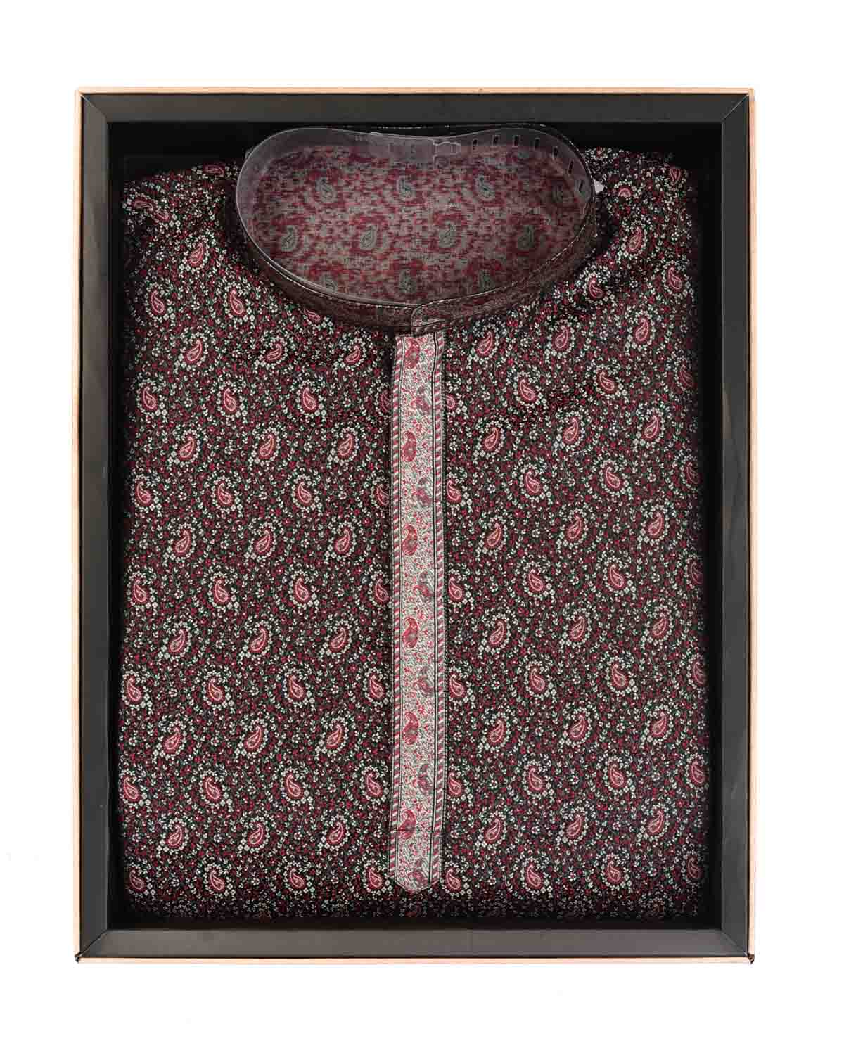 Black Tehri Paisley Satin Tanchoi Jamawar Handwoven Katan Silk Banarasi Mens Kurta Pyjama-HolyWeaves