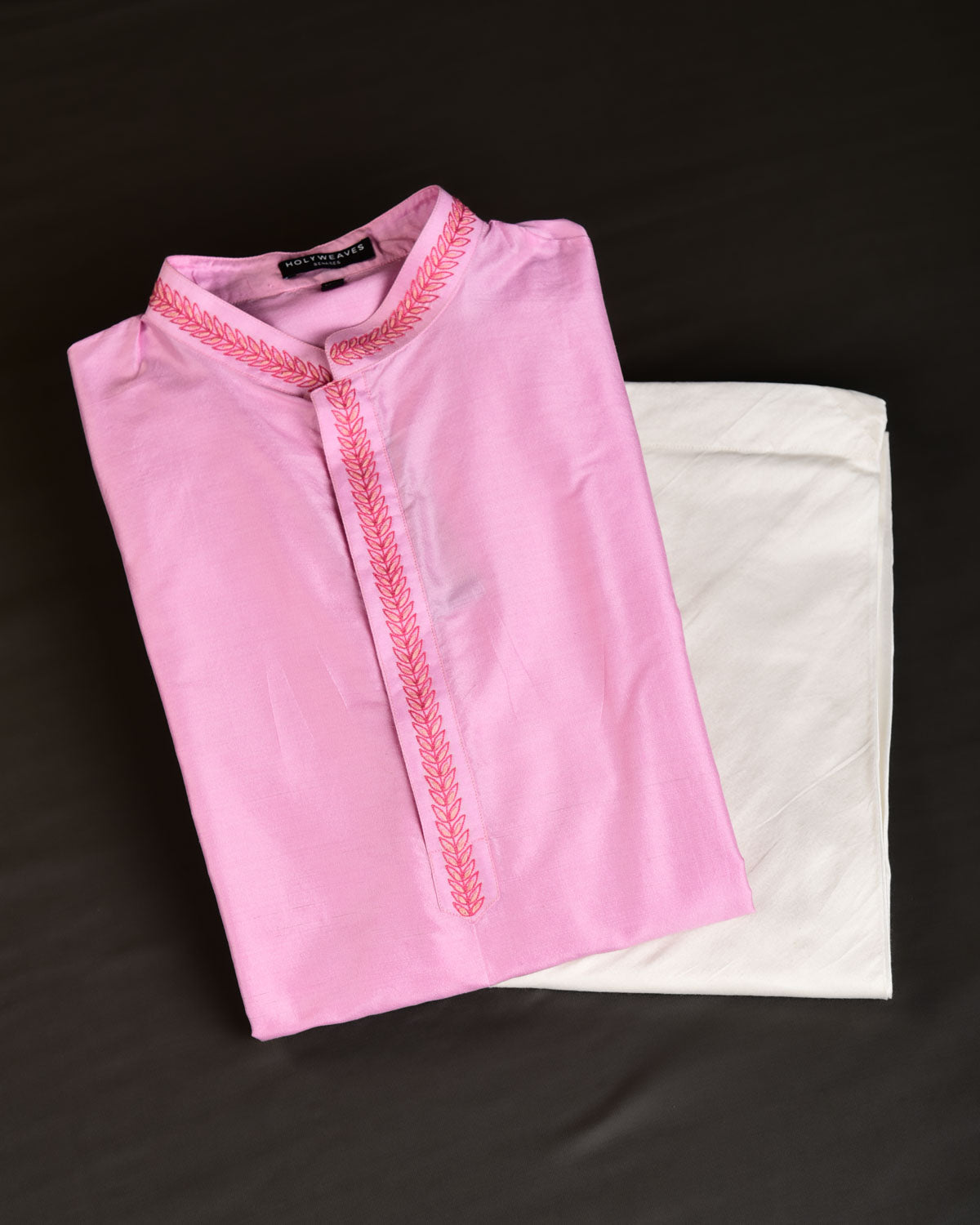 Pink Silk Mens Kurta Pyjama with Hand-embroidered Collar Strip-HolyWeaves