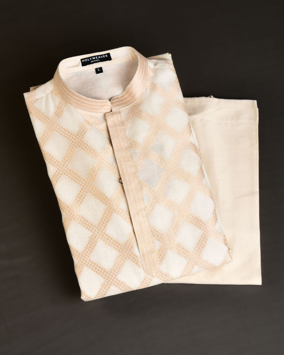 White Banarasi Gold Zari Geometric Grids Brocade Cotton Silk Mens Kurta Pyjama-HolyWeaves