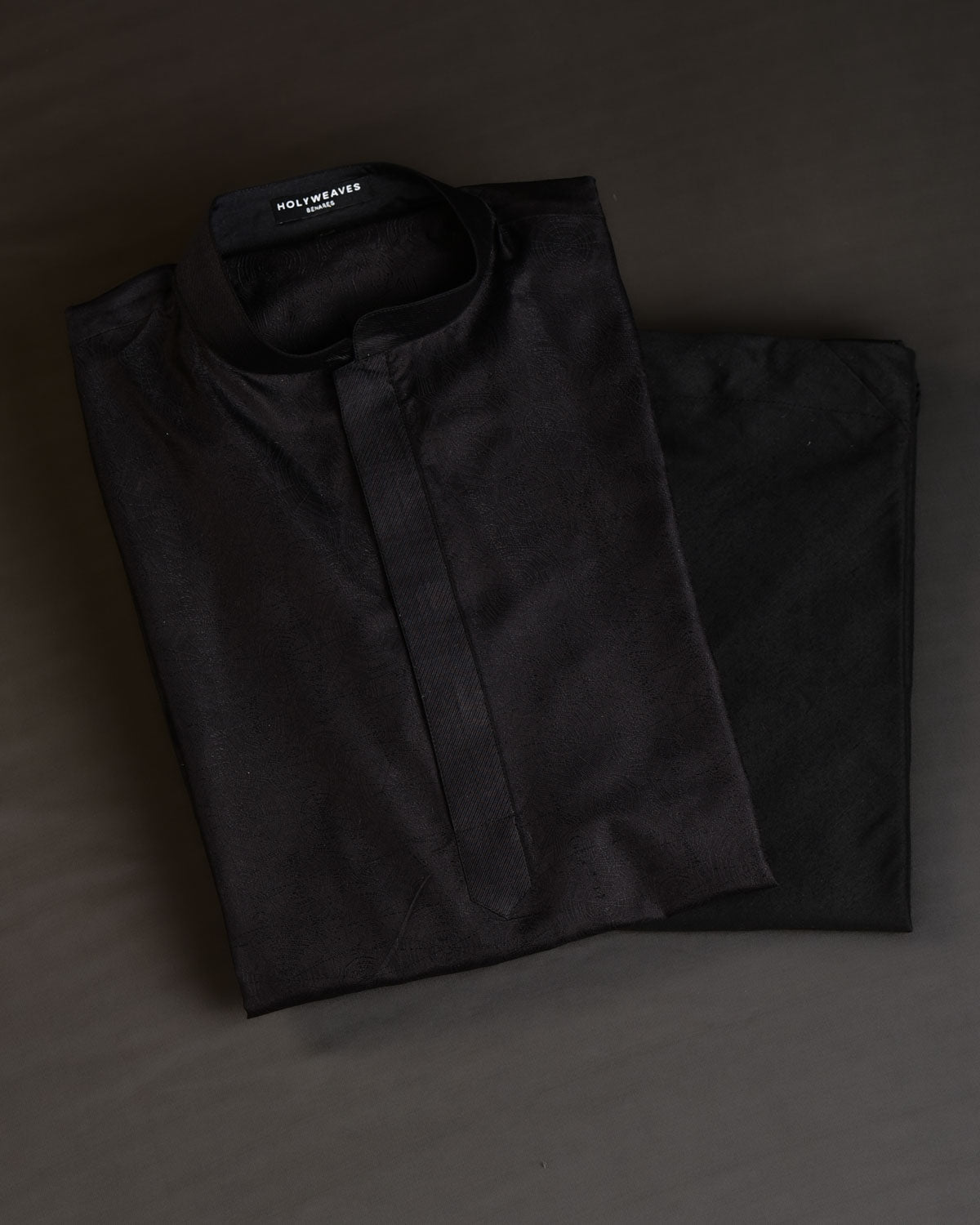 Black Banarasi Resham Tanchoi Spider Brocade Handwoven Katan Silk Mens Kurta Pyjama-HolyWeaves