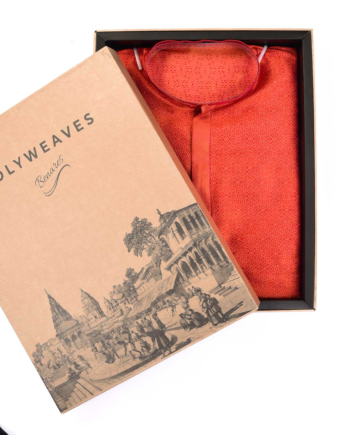 Orange Ethnic Mosaic Tanchoi Handwoven Silk Mens Kurta Pyjama-HolyWeaves
