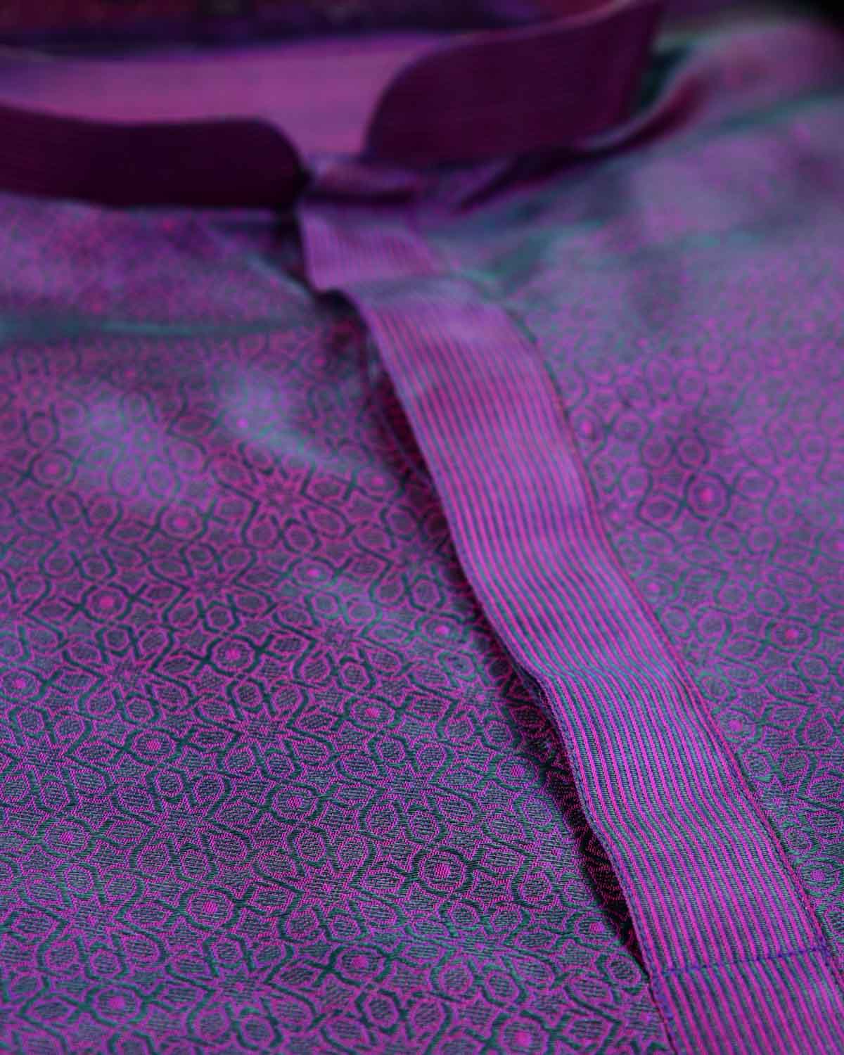 Shot Magenta Ethnic Mosaic Tanchoi Handwoven Silk Mens Kurta Pyjama-HolyWeaves