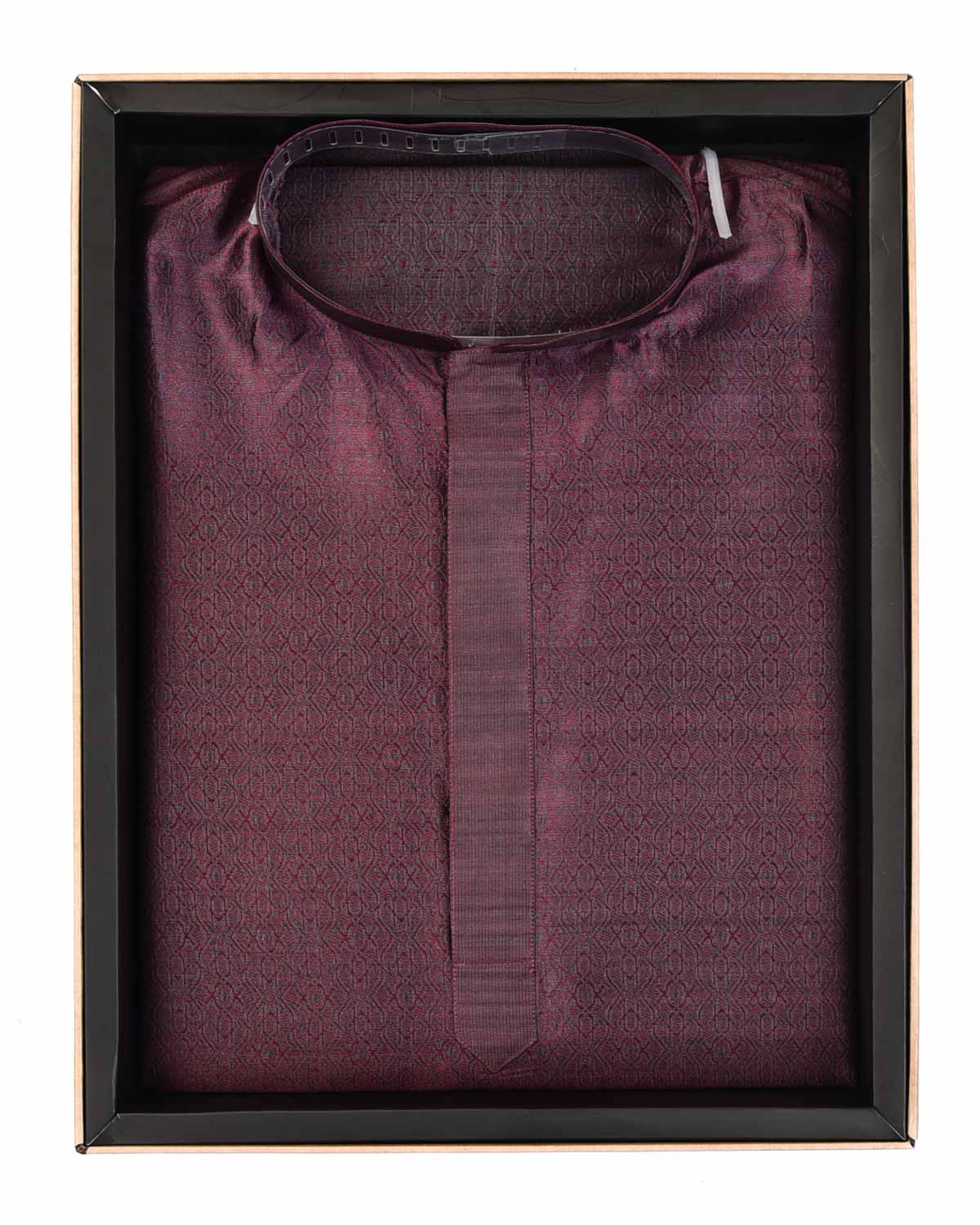Shot Garnet Ethnic Mosaic Tanchoi Handwoven Silk Mens Kurta Pyjama-HolyWeaves