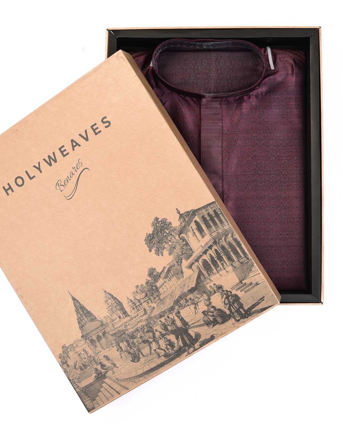 Shot Garnet Ethnic Mosaic Tanchoi Handwoven Silk Mens Kurta Pyjama-HolyWeaves