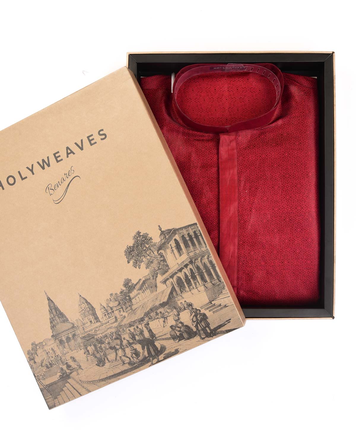 Metallic Maroon Mosaic Tanchoi Handwoven Katan Silk Banarasi Mens Kurta Pyjama-HolyWeaves