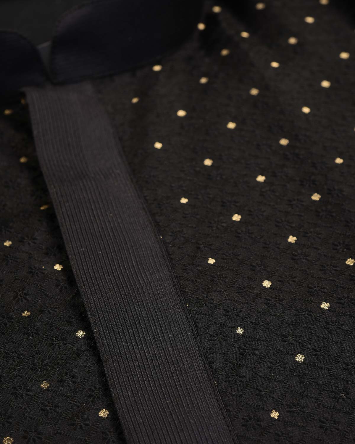 Black Tanchoi Brocade Handwoven Silk Mens Kurta Pyjama with Gold Zari Accents-HolyWeaves