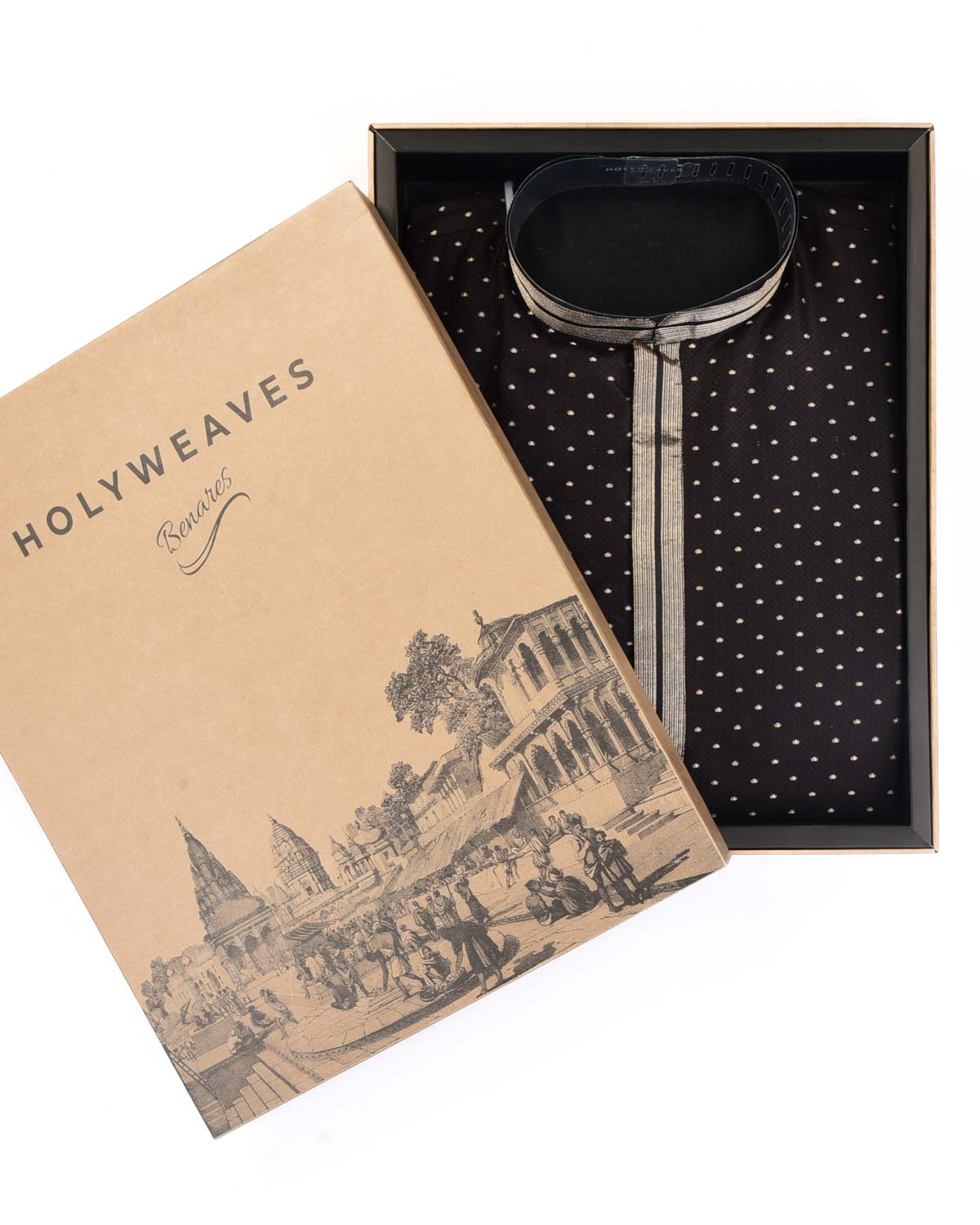 Black Gold & Silver Zari Tanchoi Brocade Handwoven Silk Mens Kurta Pyjama-HolyWeaves