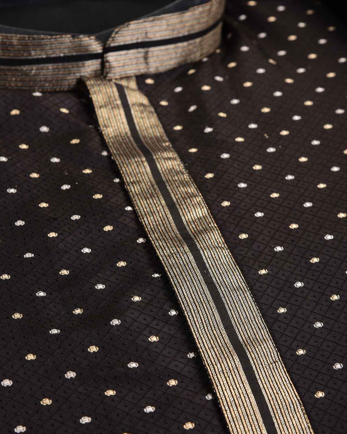 Black Gold & Silver Zari Tanchoi Brocade Handwoven Silk Mens Kurta Pyjama-HolyWeaves