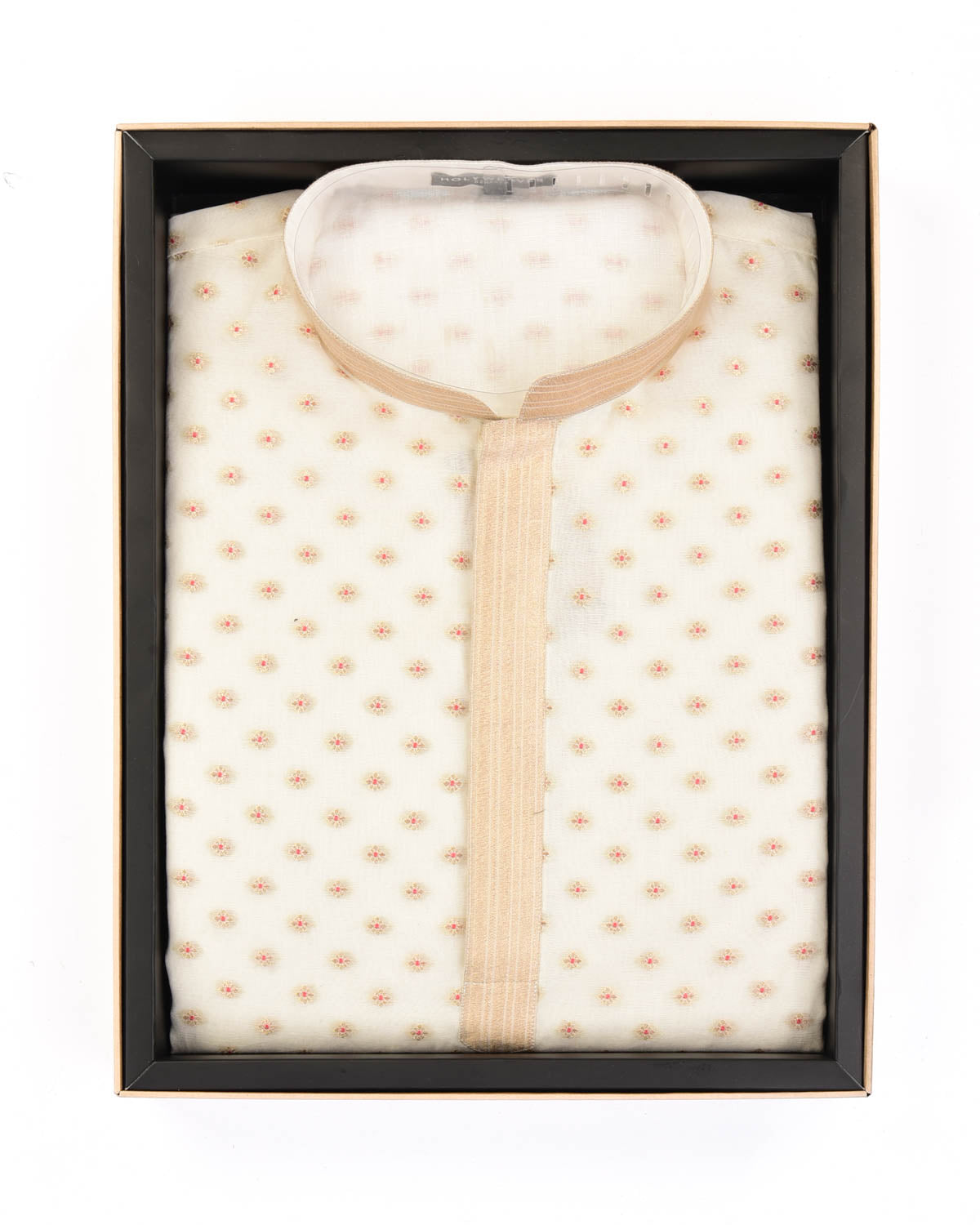 Ivory White Gold Zari & Red Meena Buti Cutwork Brocade Cotton Silk Banarasi Mens Kurta Pyjama-HolyWeaves