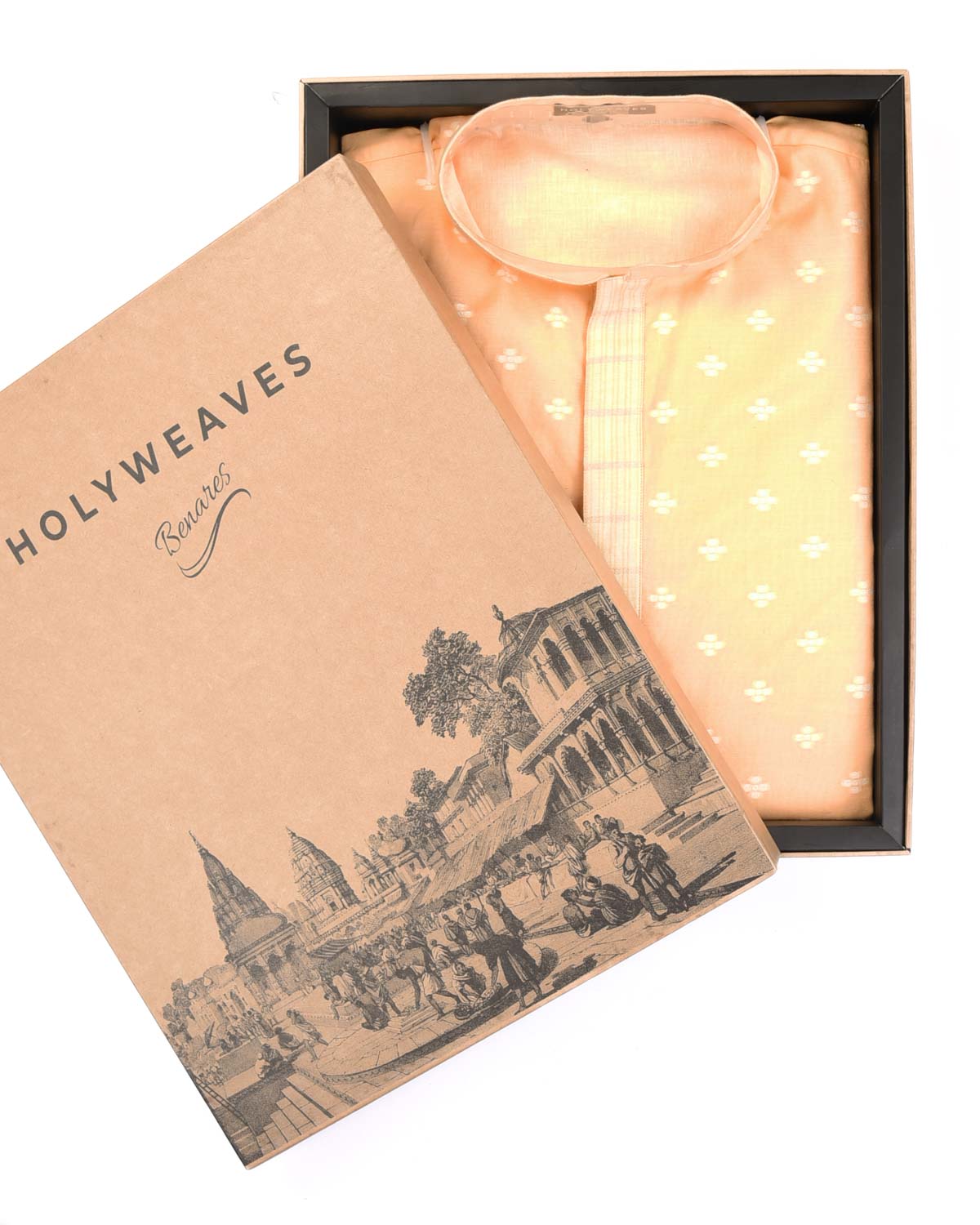 Peach Resham Buti Woven Cotton Silk Mens Kurta Pyjama-HolyWeaves