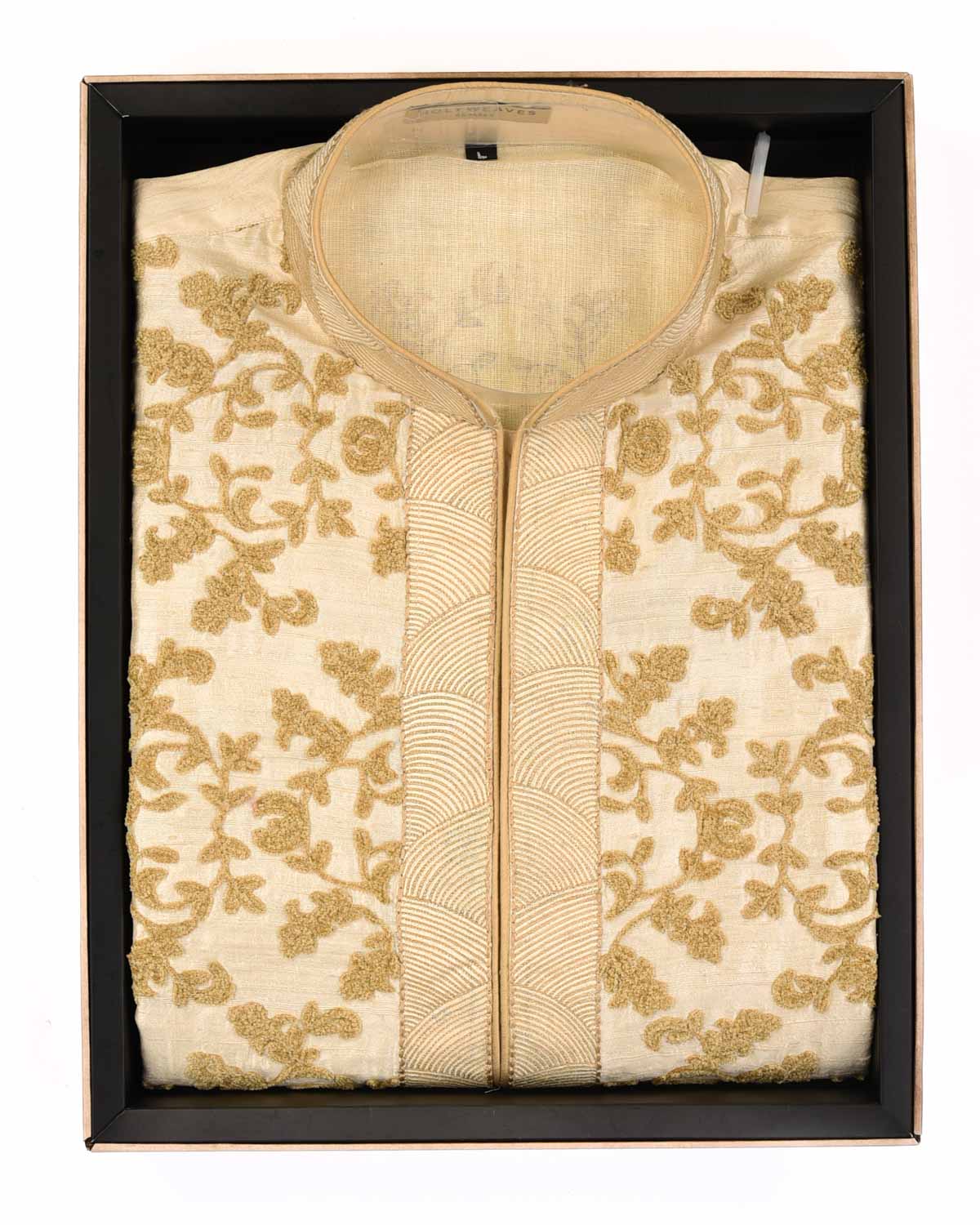 Cream Embroidered Dupion Silk Mens Kurta Pyjama-HolyWeaves