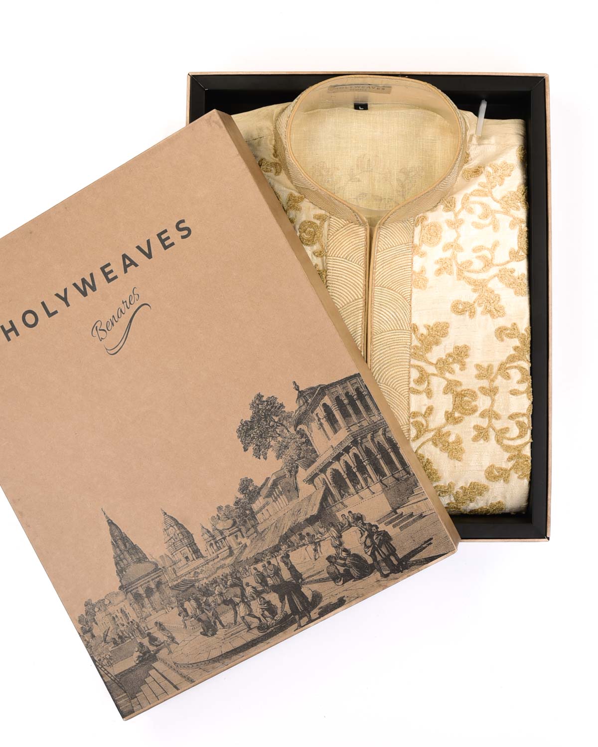 Cream Embroidered Dupion Silk Mens Kurta Pyjama-HolyWeaves