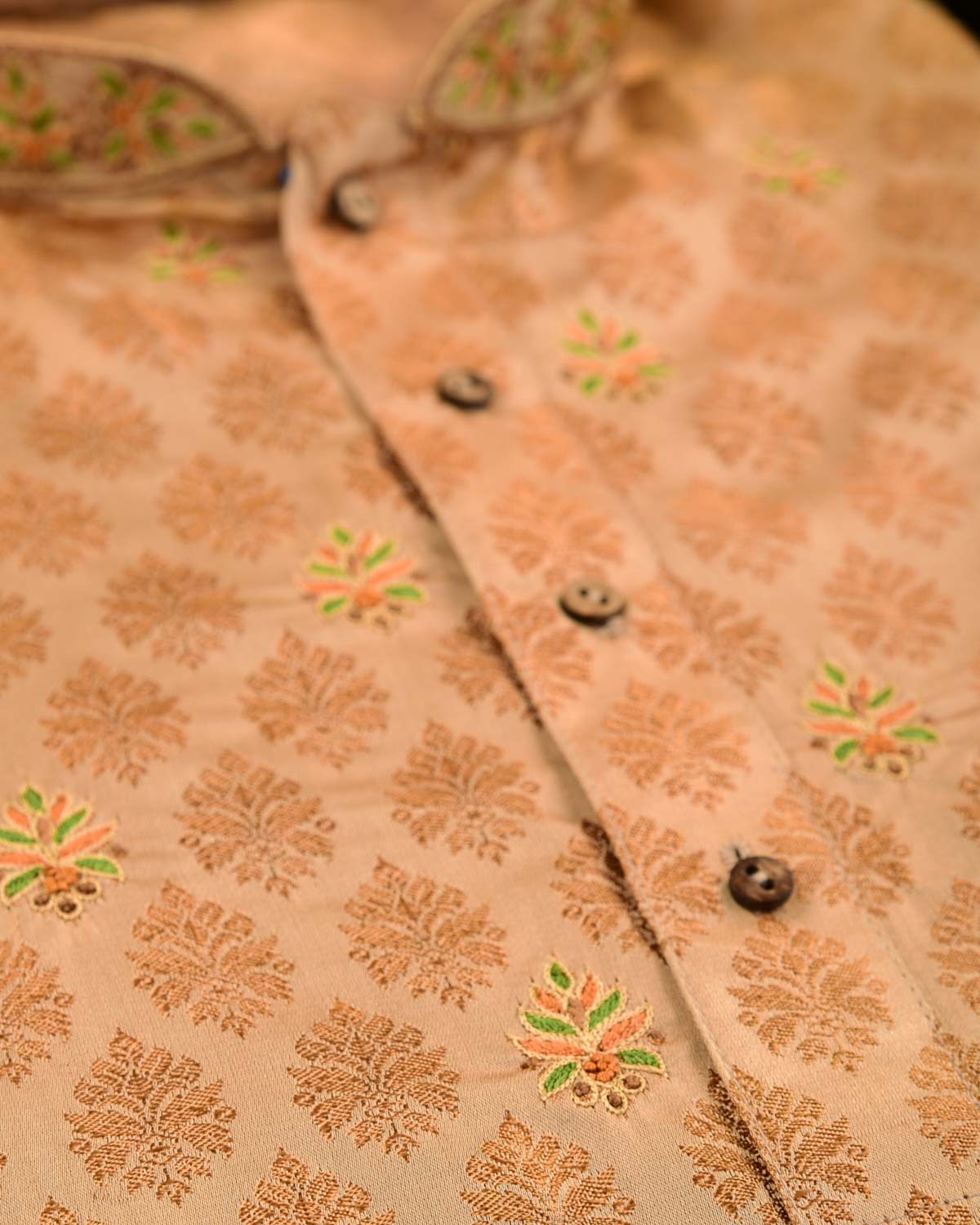 Beige Banarasi Hand-embroidered Art Silk Mens Kurta Pyjama-HolyWeaves