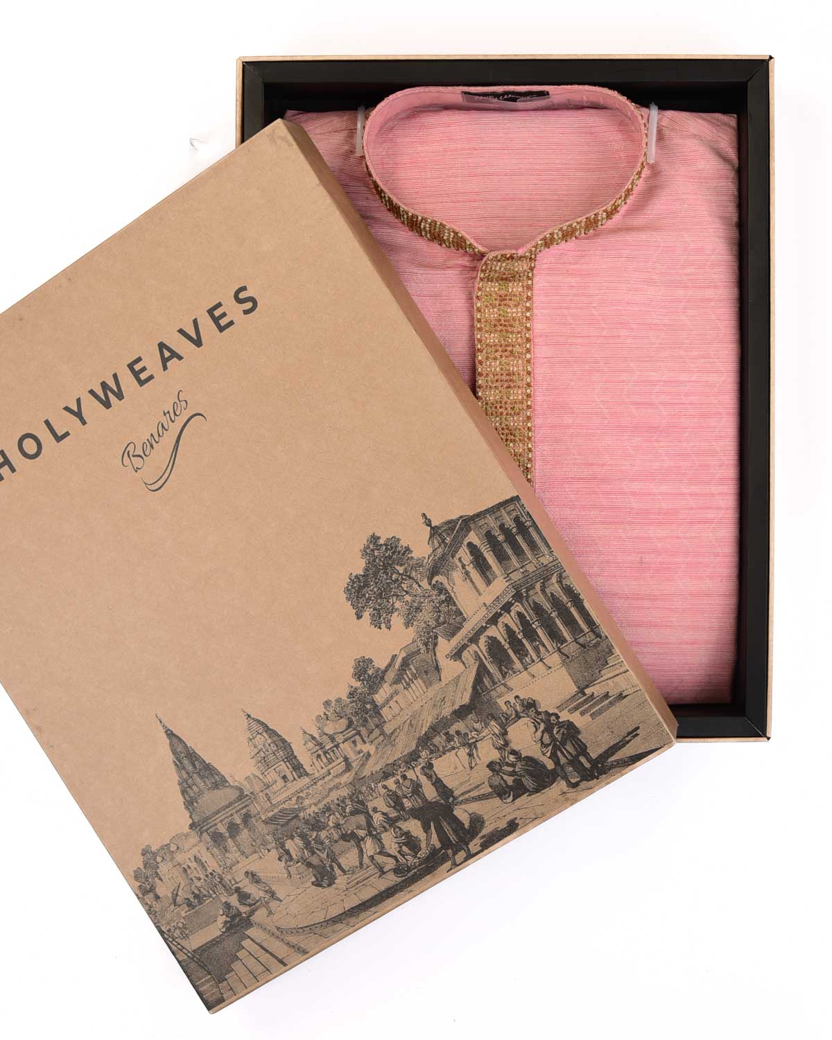 Pink Banarasi Hand-embroidered Cotton Silk Mens Kurta Pyjama-HolyWeaves