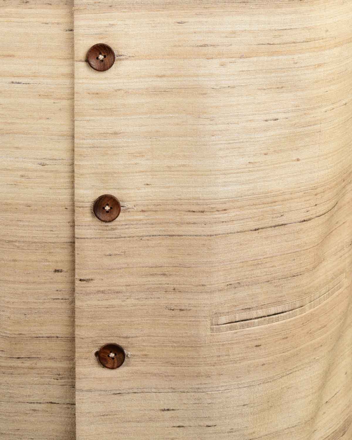 Beige Banarasi Textured Khichha Handwoven Tasar Silk Mens Modi Jacket-HolyWeaves