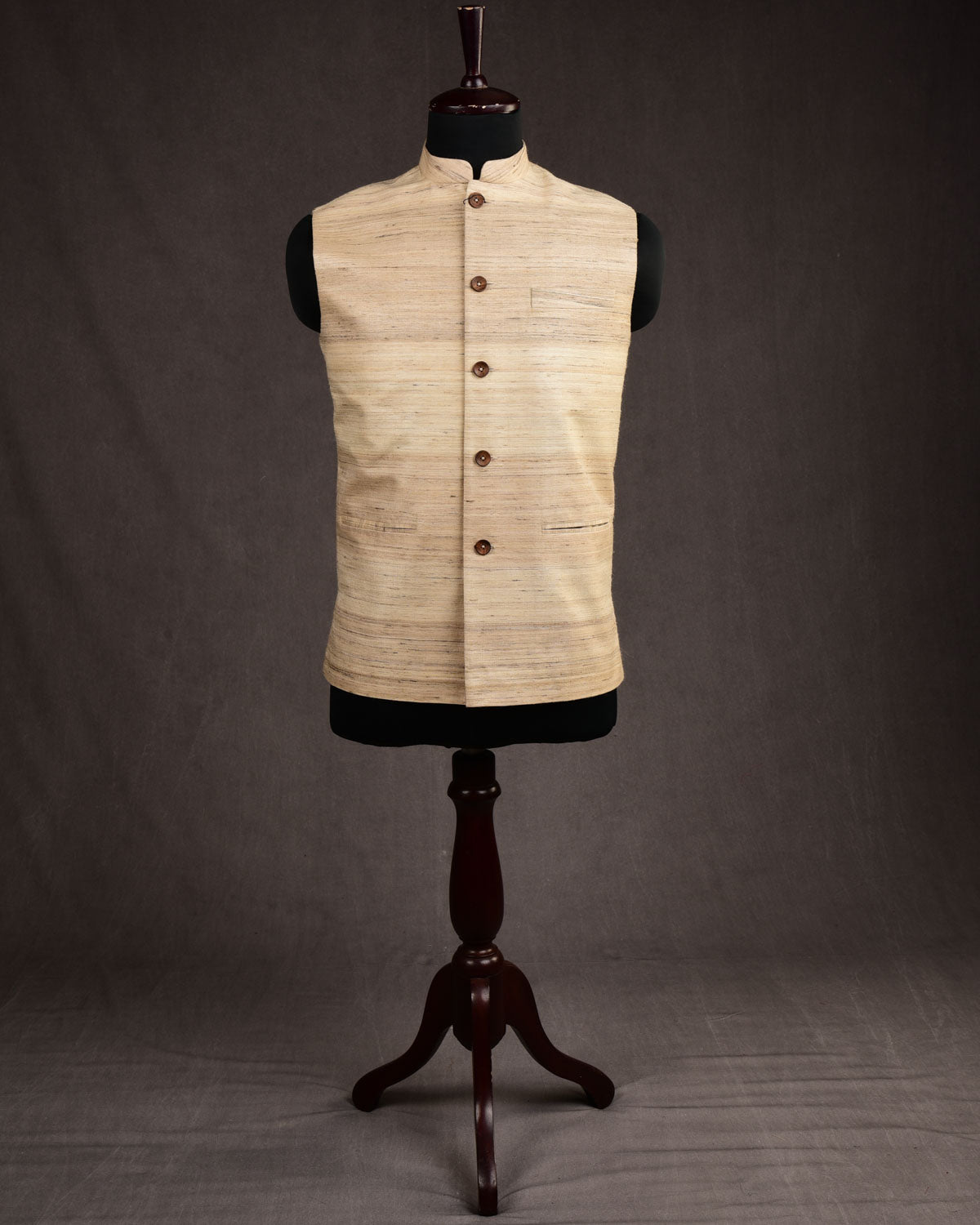 Beige Banarasi Textured Khichha Handwoven Tasar Silk Mens Modi Jacket-HolyWeaves