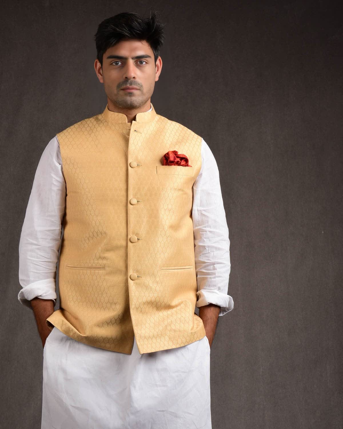 Beige Banarasi Tanchoi Handwoven Linen Cotton Mens Modi Jacket-HolyWeaves