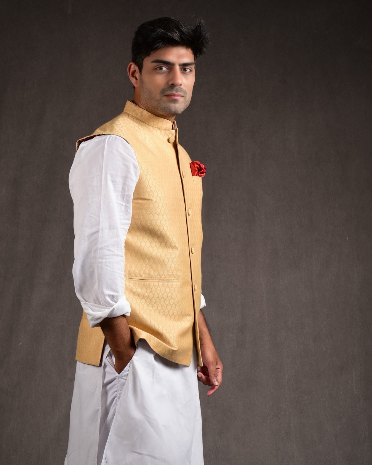Beige Banarasi Tanchoi Handwoven Linen Cotton Mens Modi Jacket-HolyWeaves