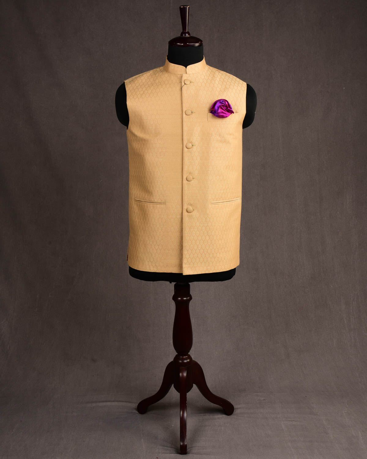 Beige Banarasi Tanchoi Handwoven Linen Cotton Mens Modi Jacket-HolyWeaves
