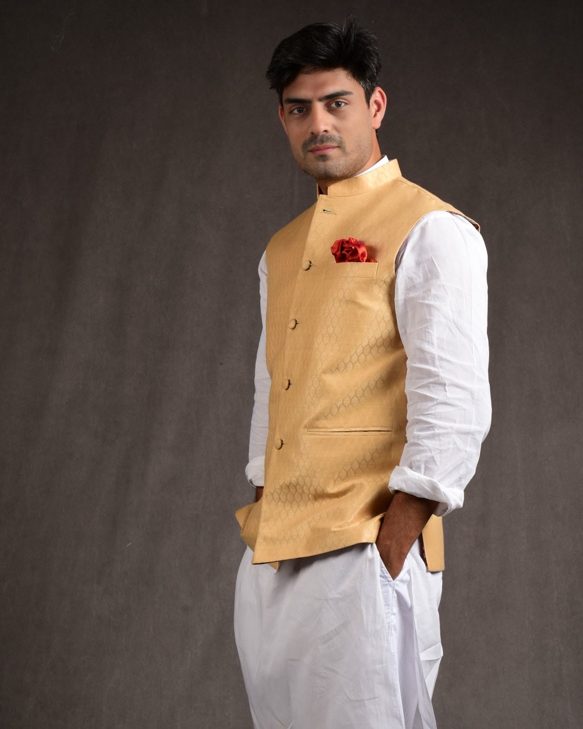Beige Banarasi Tanchoi Handwoven Linen Cotton Mens Modi Jacket-HolyWeaves