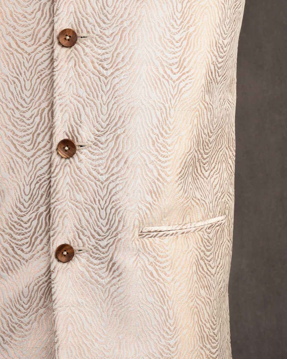 Cream Banarasi Gold Zari Tiger Stripes Brocade Handwoven Katan Silk Slim Fit Mens Modi Jacket-HolyWeaves